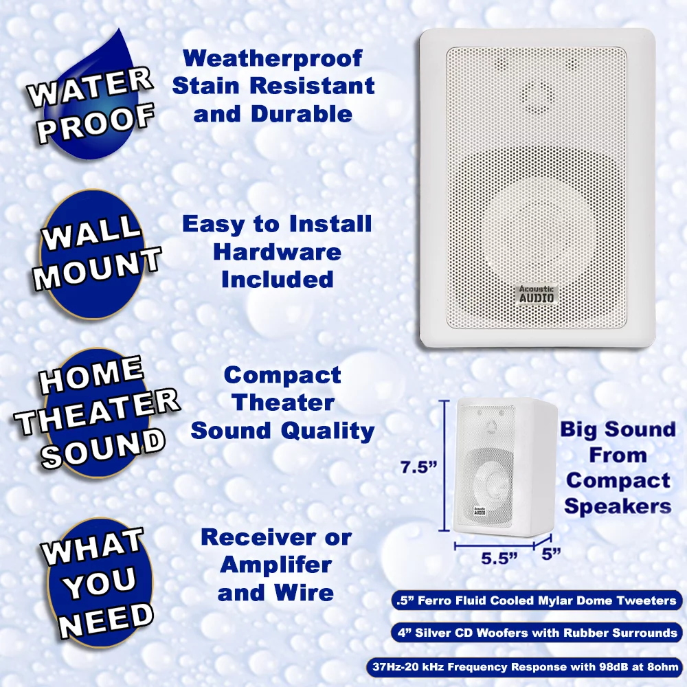 Acoustic Audio AA151W Indoor Outdoor 2 Way Speakers White Mountable Pair