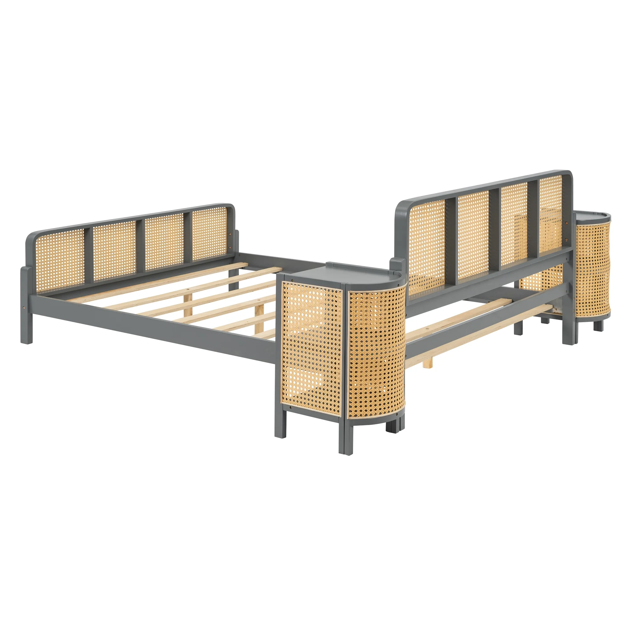 Churanty 3 Pieces Rattan Platform Bed Full Size Set with 2 Nightstands,Boho Bed Frame Full with Rattan Headboard and Footboard,Gray