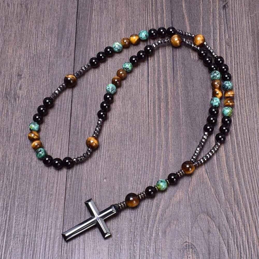 Turquoise Tiger Eye Mala Prayer Bead Christ Hematite Cross Pendant Necklace Gift