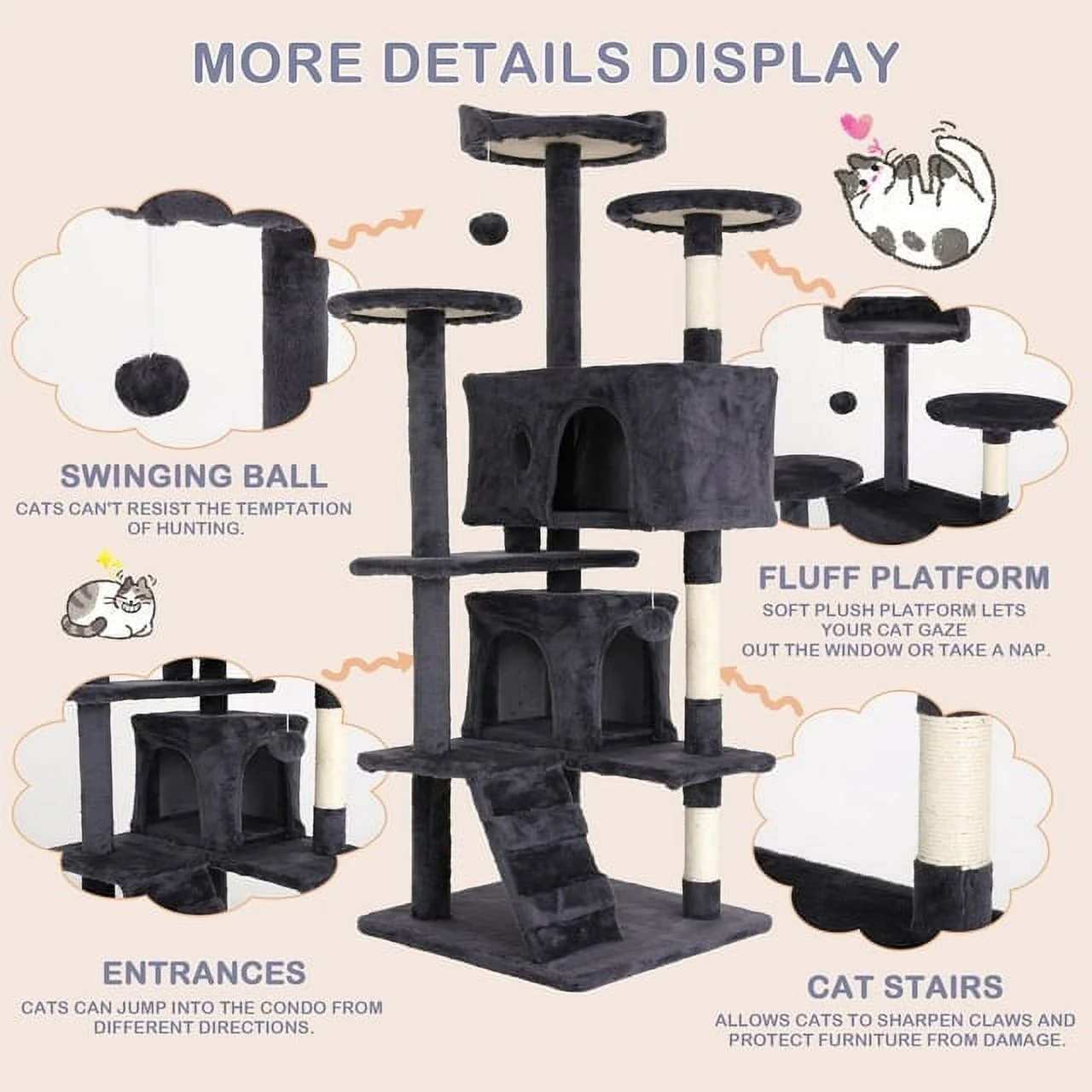 CL.HPAHKL 54In Cat Tree Tower for Large Cats, Cat Climbing Tower Cat Scratching Tree with Cat Scratching Stand, Big Cat Tree House Funny Toys for Kittens Pet(Ashy)