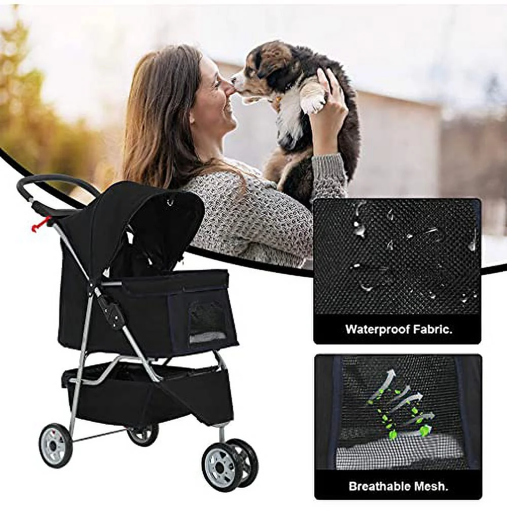 HGS Dog Stroller Pet Stroller 3 Wheels Travel Folding Carrier Strolling Cart for Medium Small Dogs&Cats, Pet Stroller Jogger Cat Dog Cage Pet Stroller, Black