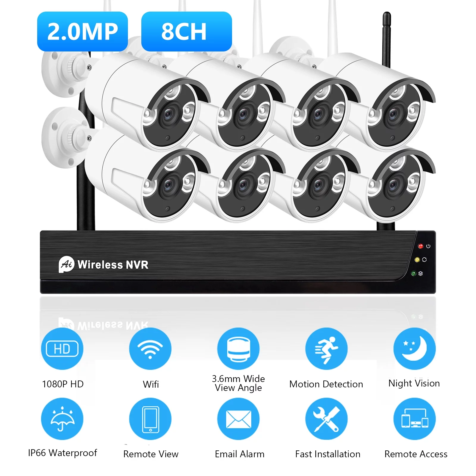 GoolRC 8CH 1080P Wireless System, 8Channel 1080P CCTV NVR + 8PCS 1080P 2.0MP Indoor IP Cameras with , Motion Alert, Smart App Remote Access, No Hard Drive