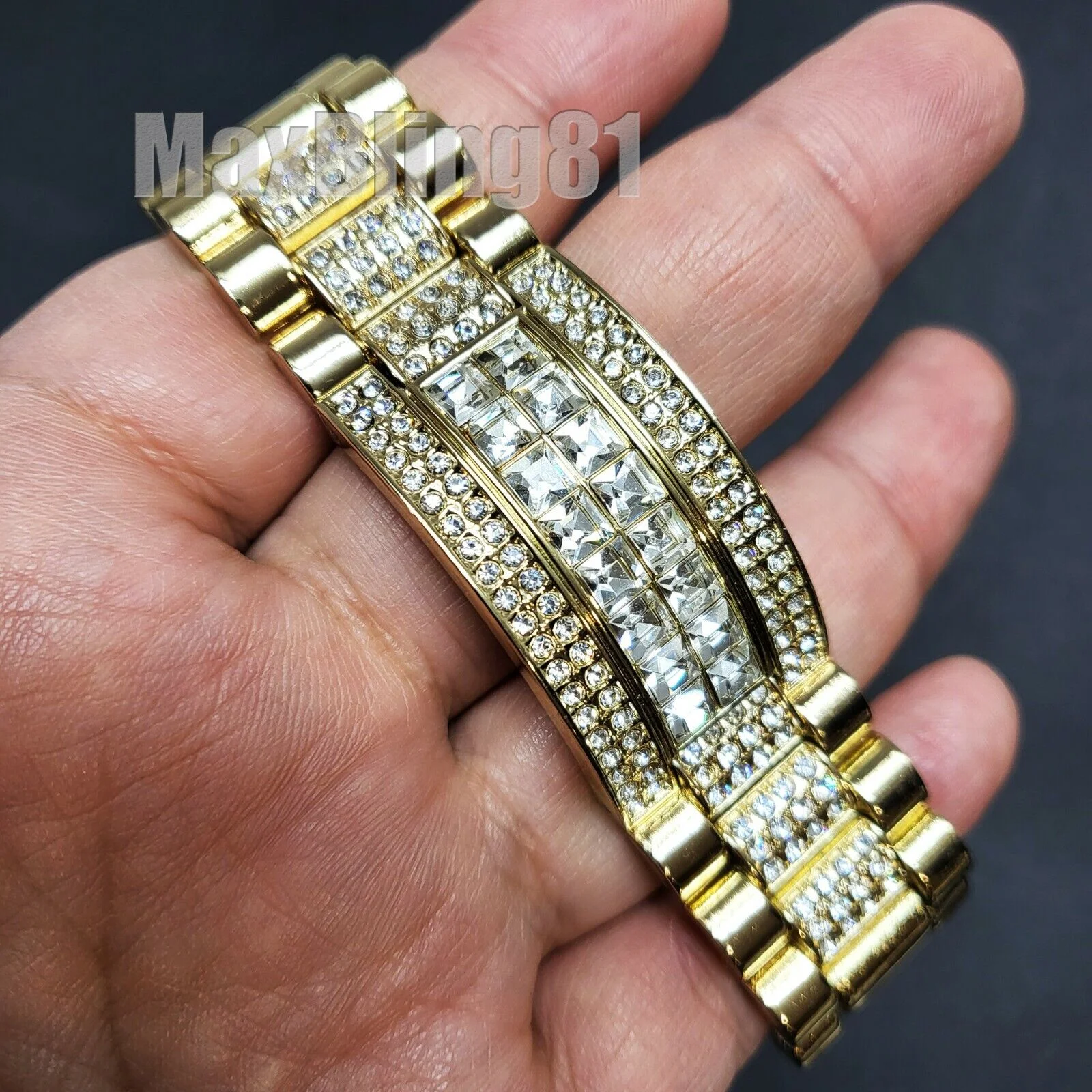 HIP HOP GOLD PT LUXURY METAL BAGUETTE STONE WATCH & ICED BRACELET COMBO SET