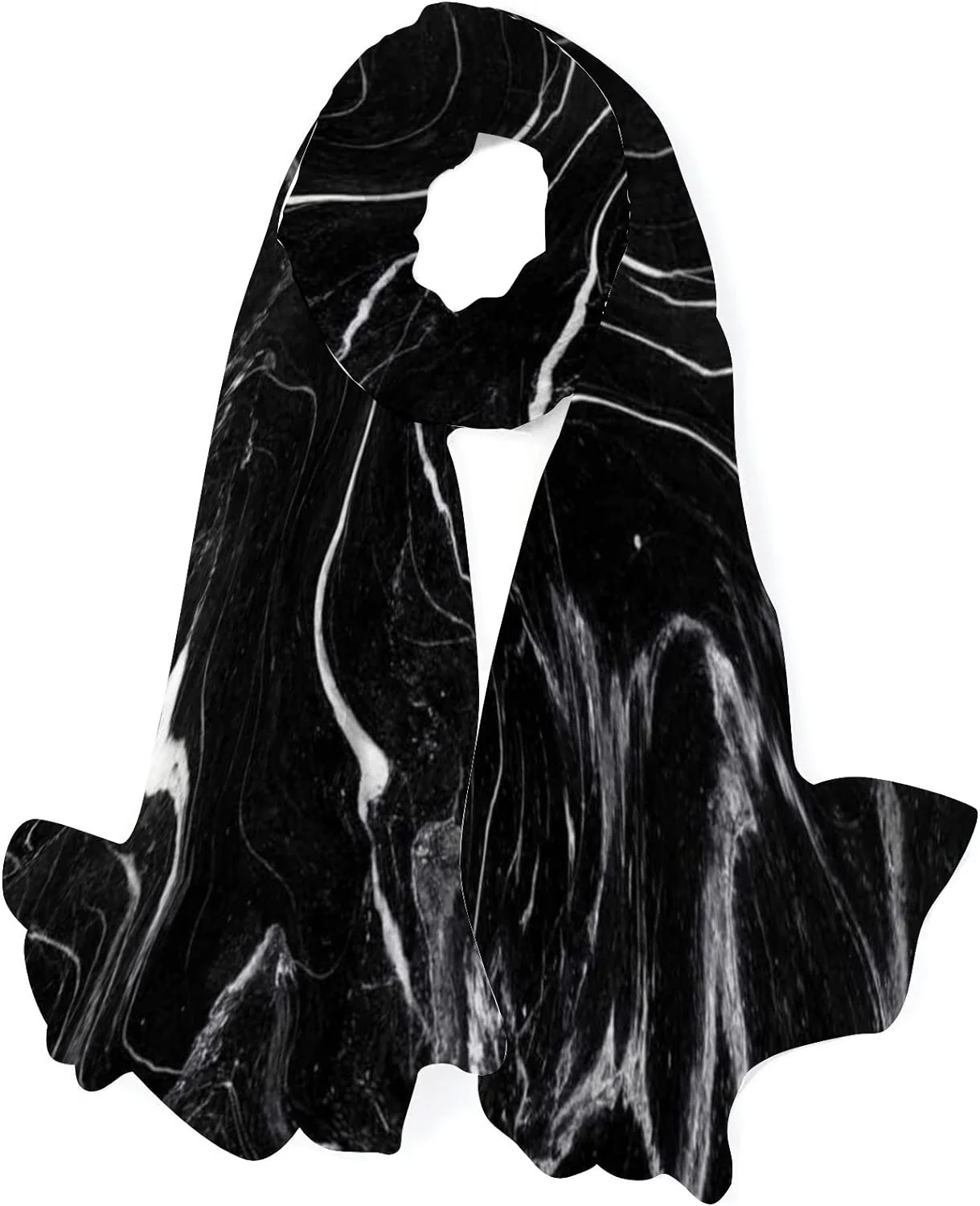 Hyjoy Black Marble White Lines Long Silk Neck Scarf Lightweight Shawl Wrap Scarves for Women Girls