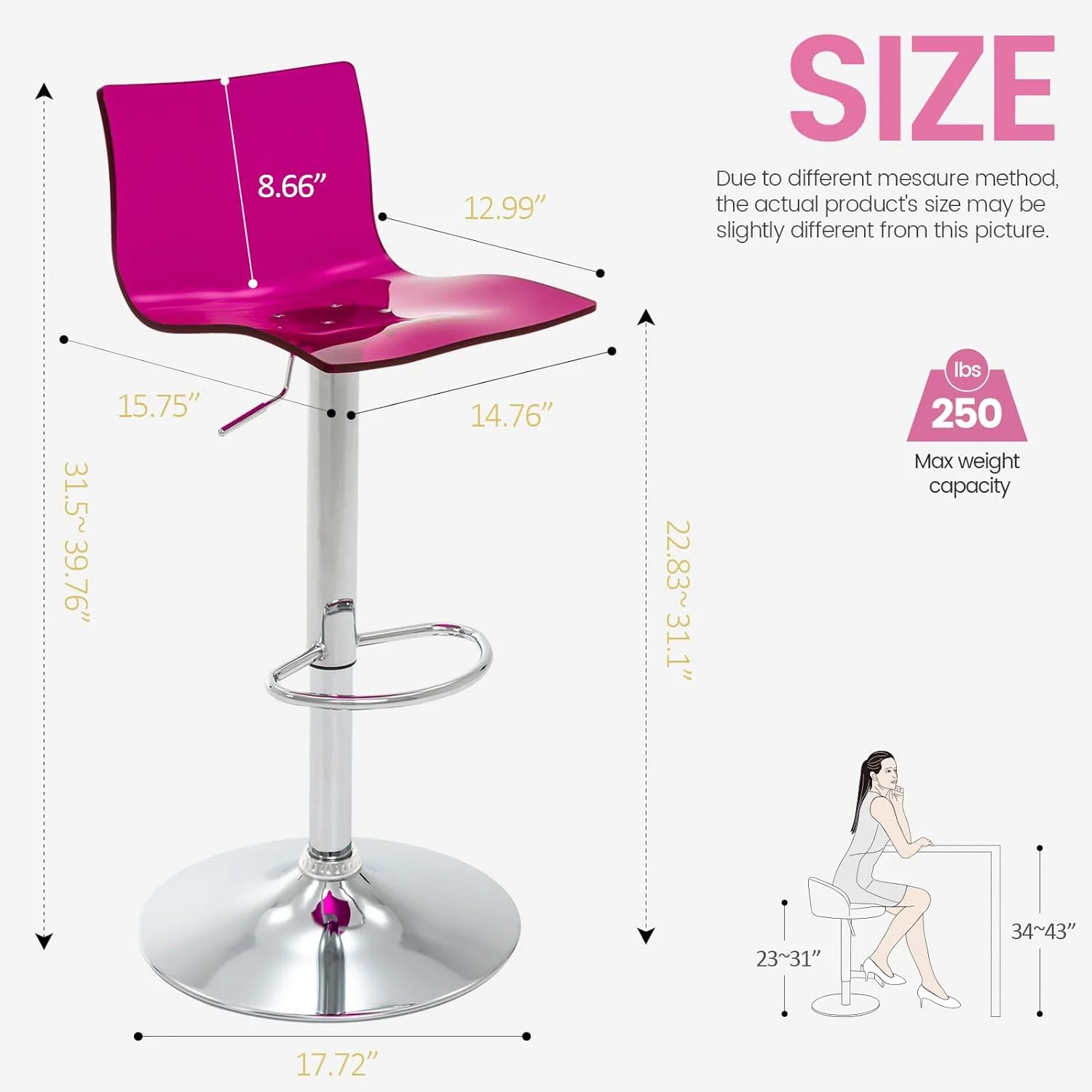 U-SHARE  Acrylic Bar Stools with Mid Back, Set of 2, Transparent Adjustable Swivel Airlift Barstools, Counter Height Bar Chairs for Kitchen Dining Room Pub Cafe (Clear)