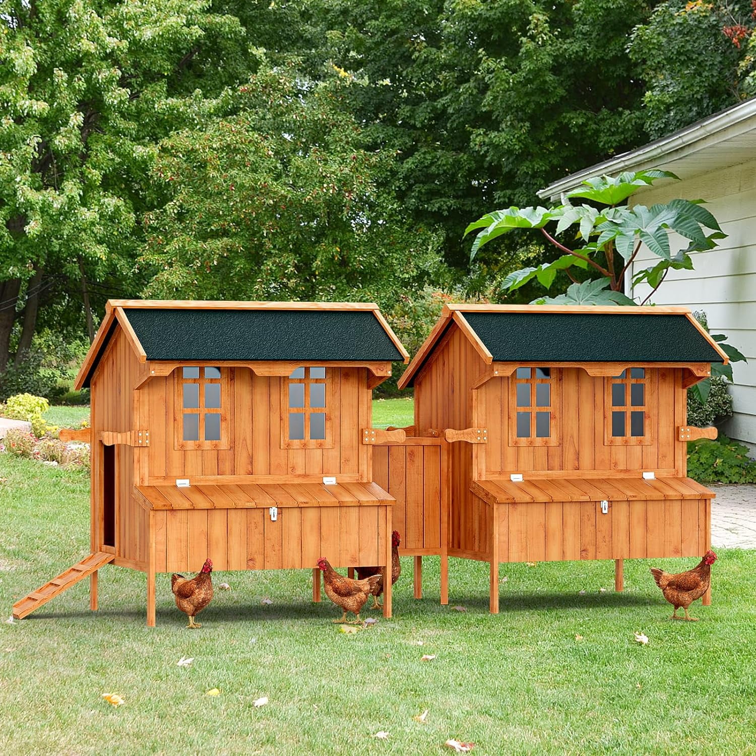 Oarlike Chicken Coop Wooden Outdoor Chicken Hen House with Nesting Box and Leakproof Pull-on Tray, Poultry Cage Duck Coop with Waterproof Roof