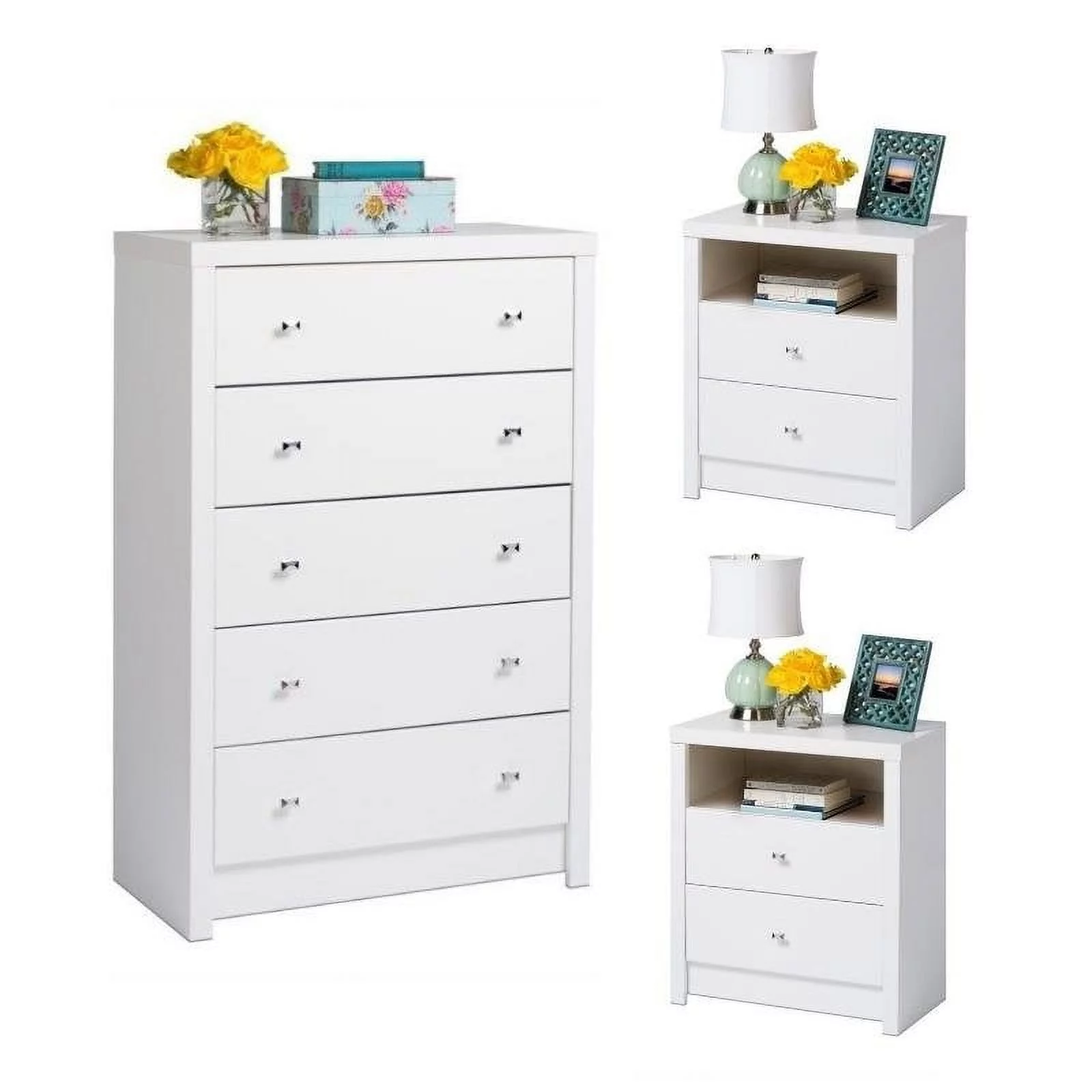 Home Square 3-Piece Set with 2 Nightstands and 5-Drawer Chest in White Laminate