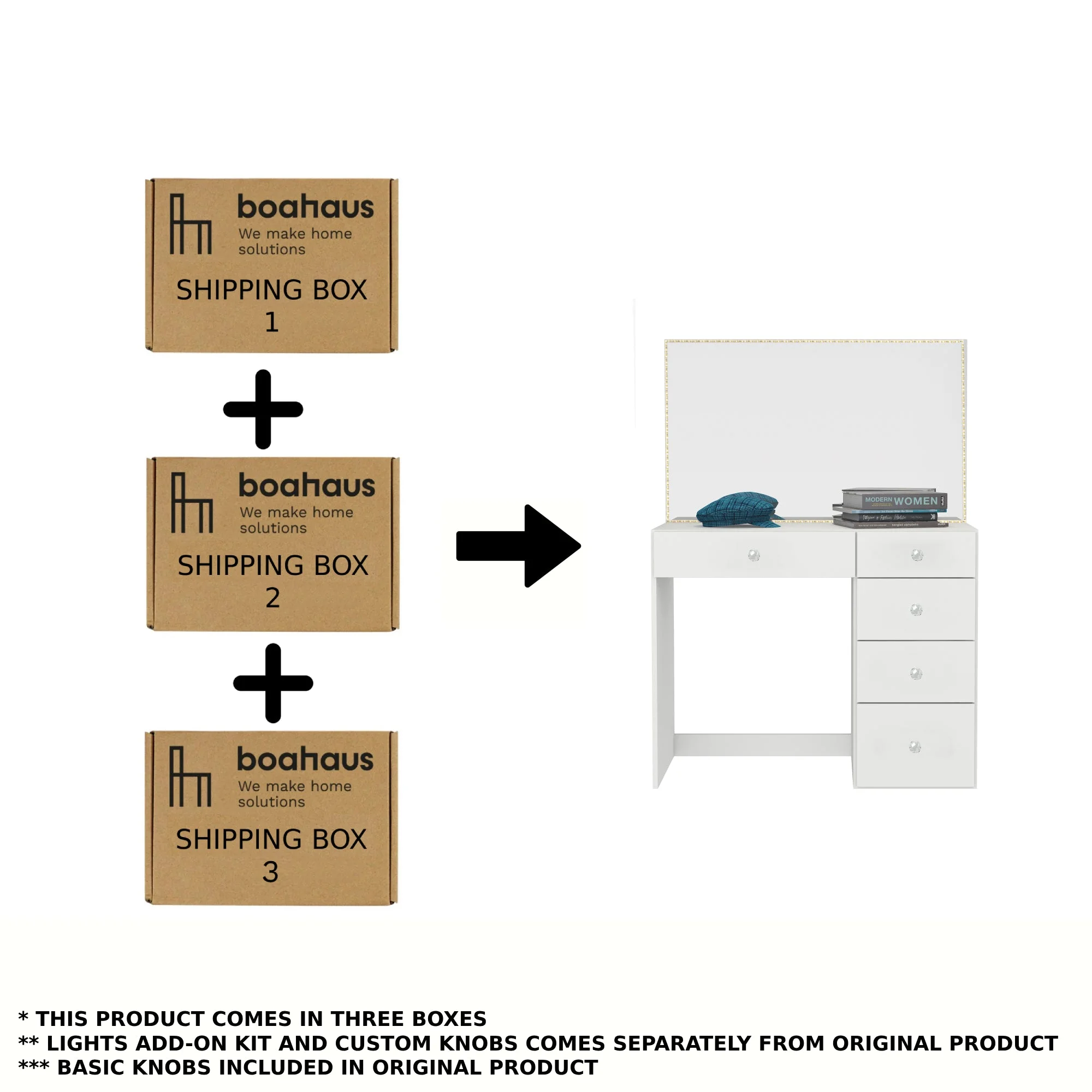 Boahaus Gaia Modern Makeup Vanity Desk with Mirror, LED Lights, Crystal Ball Knobs, White