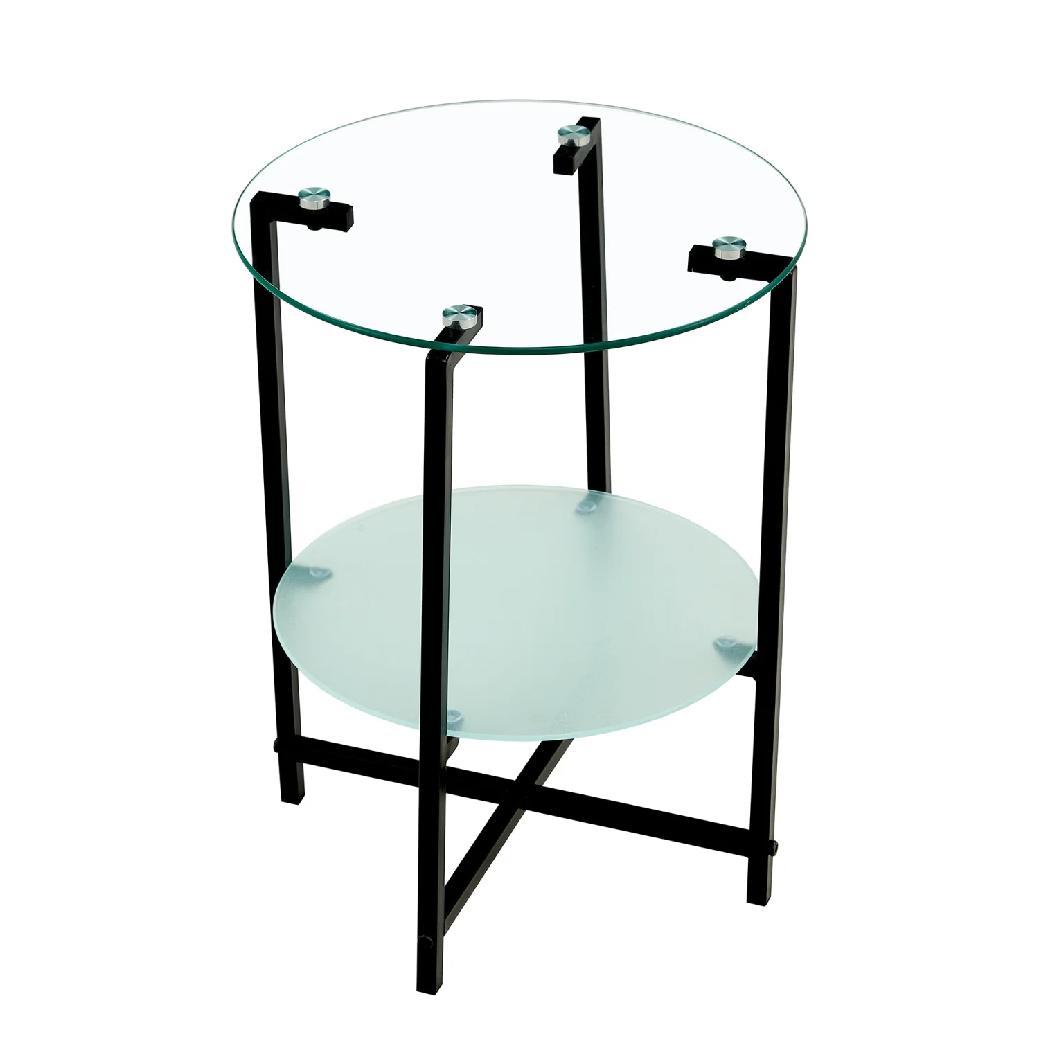 Elegant and Modern 2-Layer Black Tempered Glass End Table  Stylish Round Coffee Table for Office  Living Room  and Bedroom