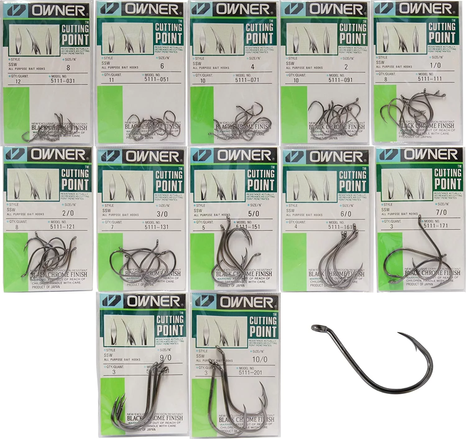 Owner Hooks SSW Cutting Point All Purpose Bait Hook Sz 1 9Pk Black Chrome