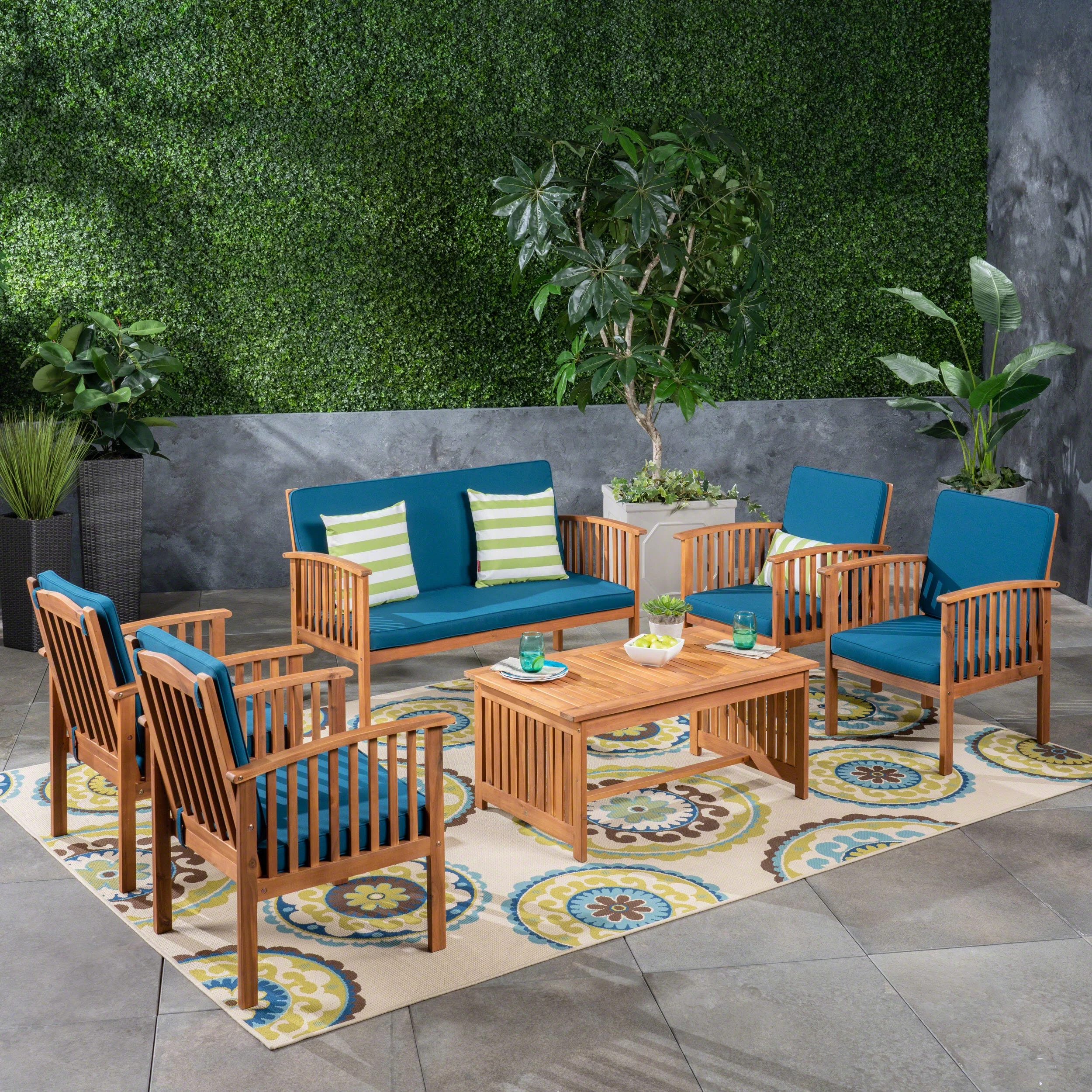GDF Studio Navan Outdoor Acacia Wood 6 Seater Chat Set with Cushions, Brown and Dark Teal