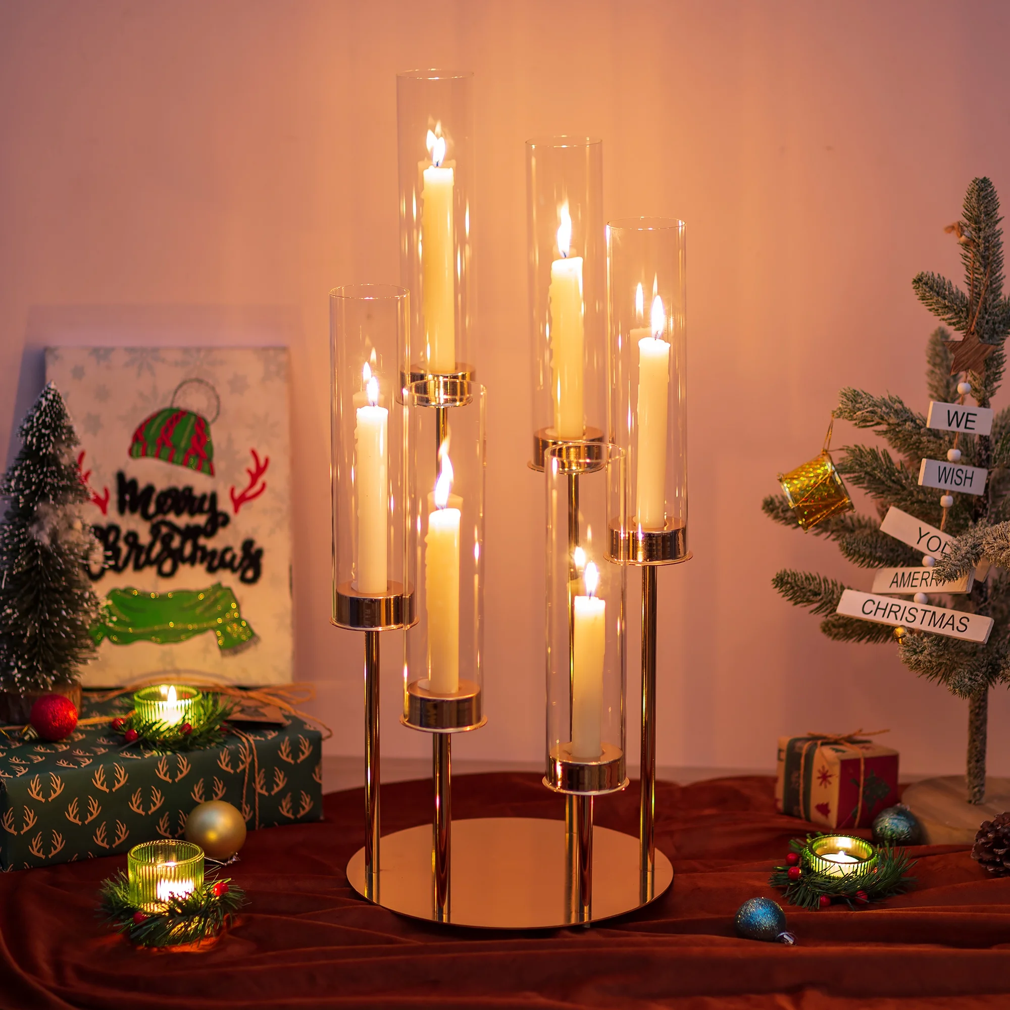 Hurricane Glass Candle Holders 6 Arm Gold Metal Candlestick Candelabra with Removable Clear Cylinder Sleeve 24 inch Taper Holder