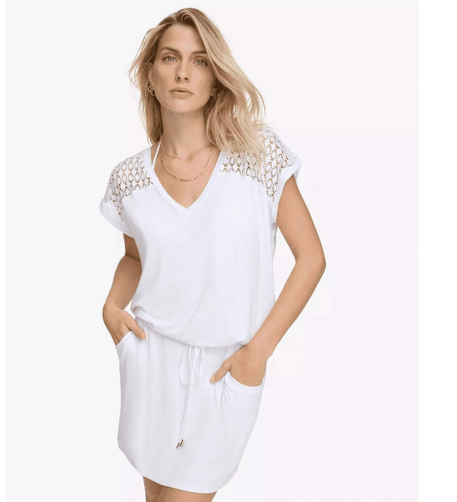 Calvin Klein Crochet-Shoulder Tunic Cover Up Women's Swimsuit, White, Large-X-Large