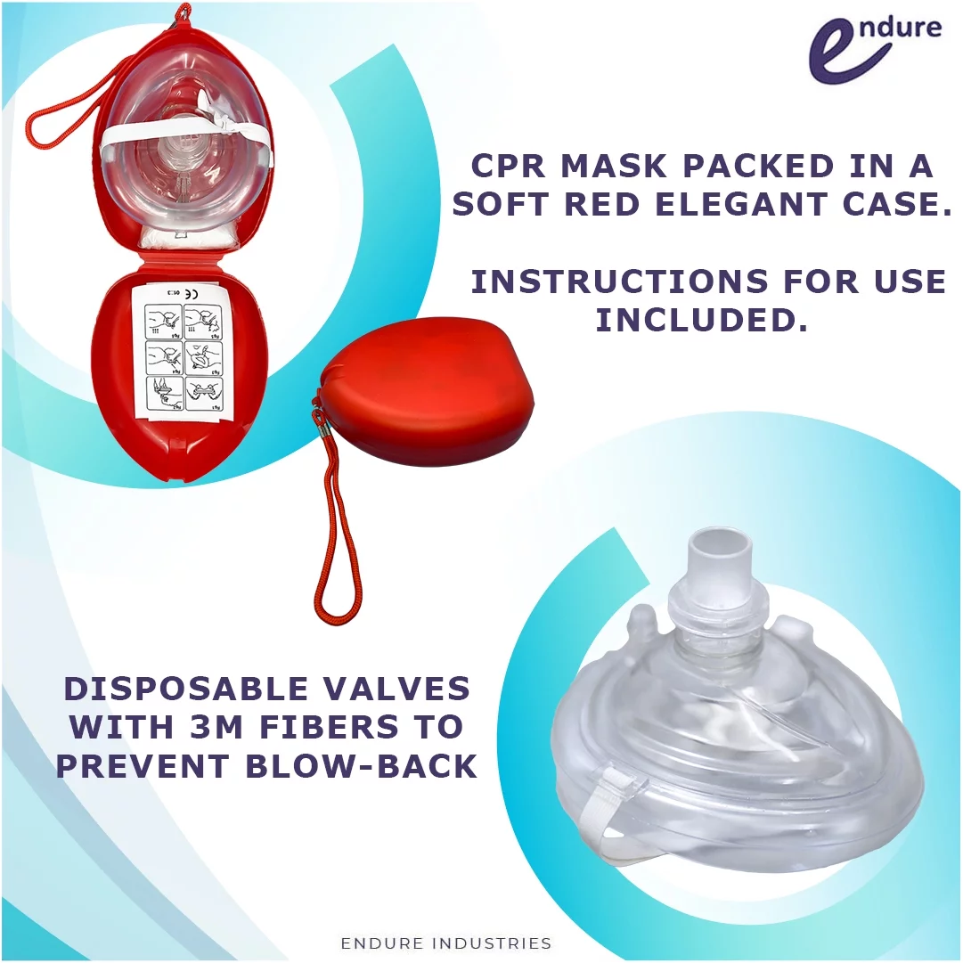 Endure Adult CPR Mask and Kit, 3 Pack of First Responder Kit in a Red Soft Case with Mask, Two PVC Gloves and Two Alcohol Prep Pads (3)