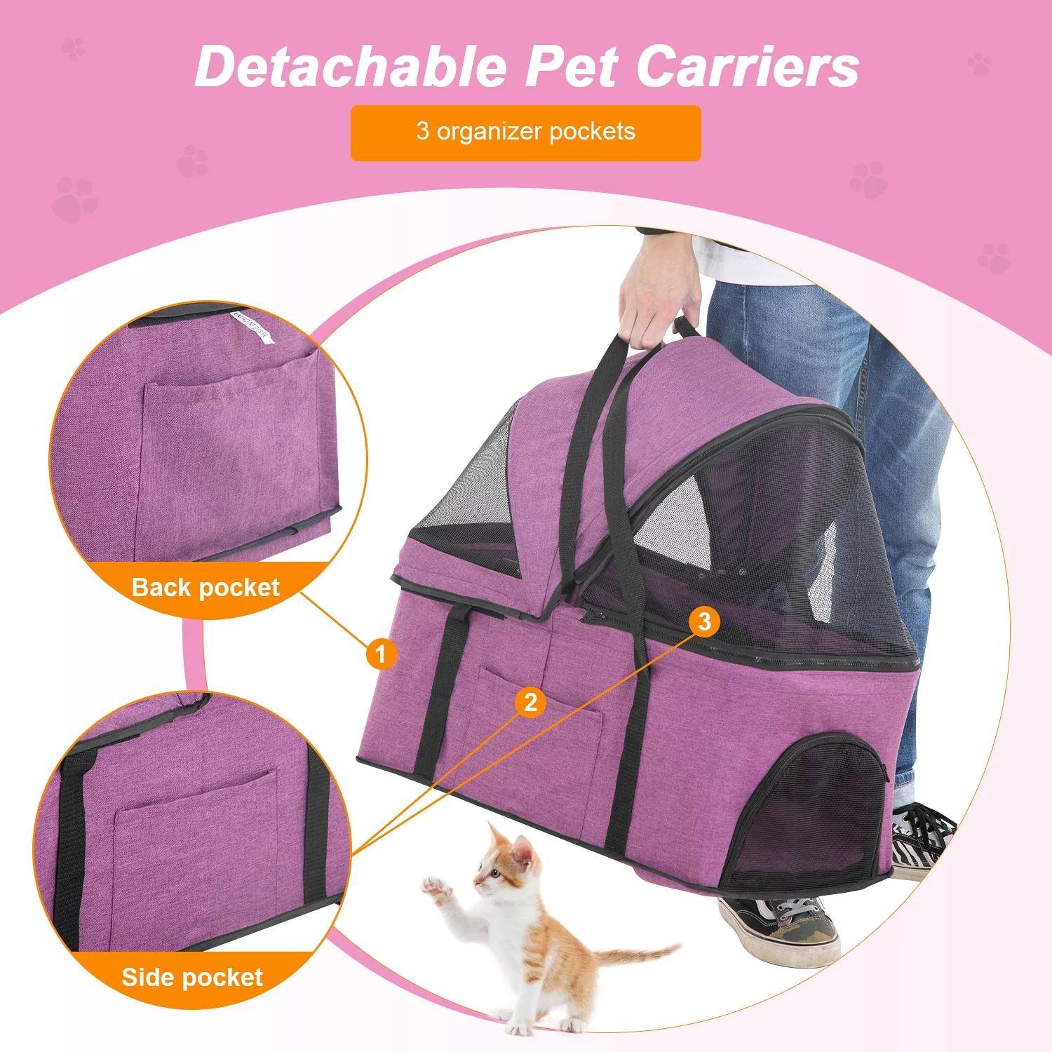 YRLLENSDAN Pet Stroller Premium 3-in-1 Multifunction Dog Cat Jogger Stroller for Medium Small Dogs Cats Folding Lightweight Travel Stroller with Detachable Carrier &Cup Holder (Purple, 4 Wheels)