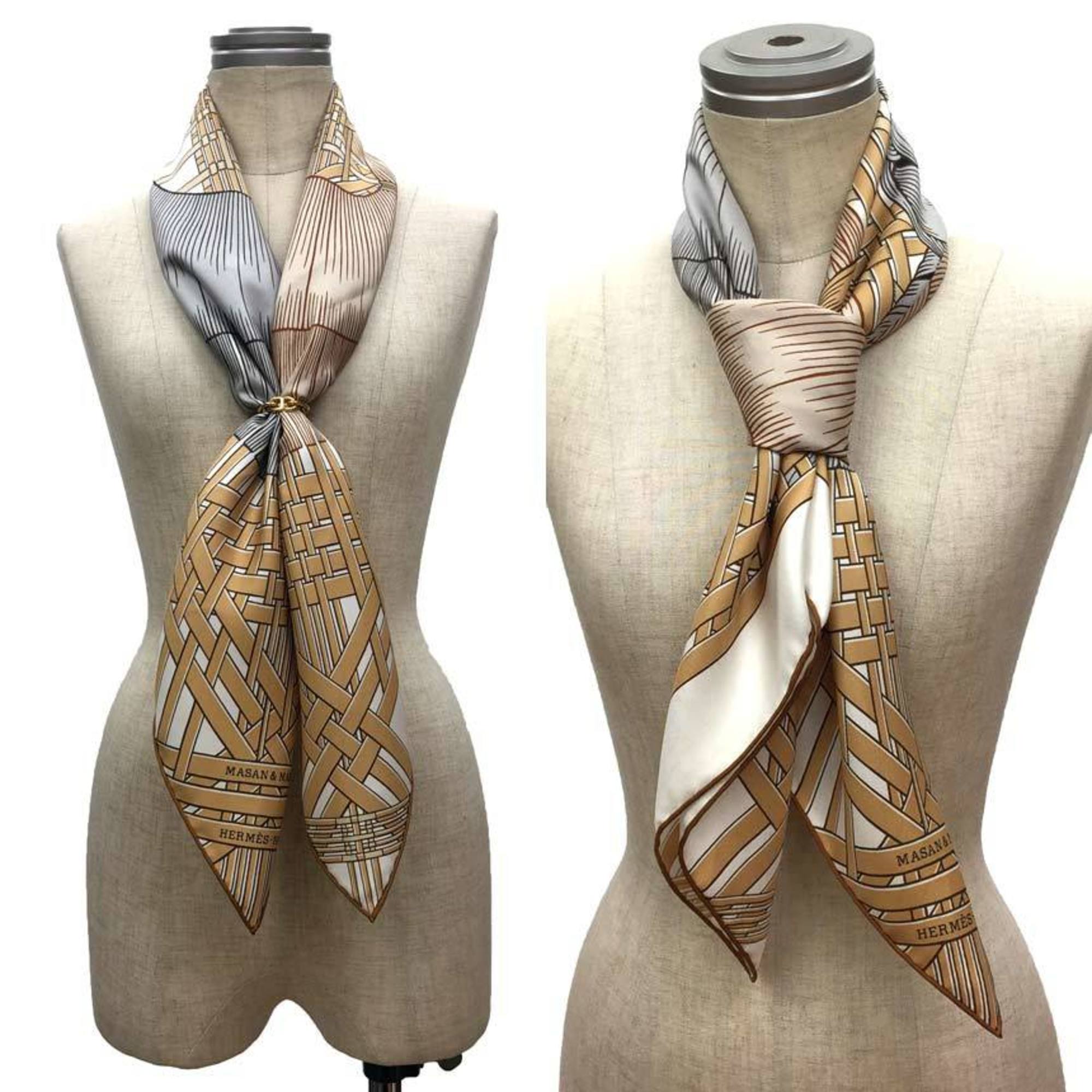 Pre-Owned HERMES Hermes Carre 90 Scarf Muffler MASAN&MASAN Masan 2021 White/Beige/Gray 100% Silk (Like New)