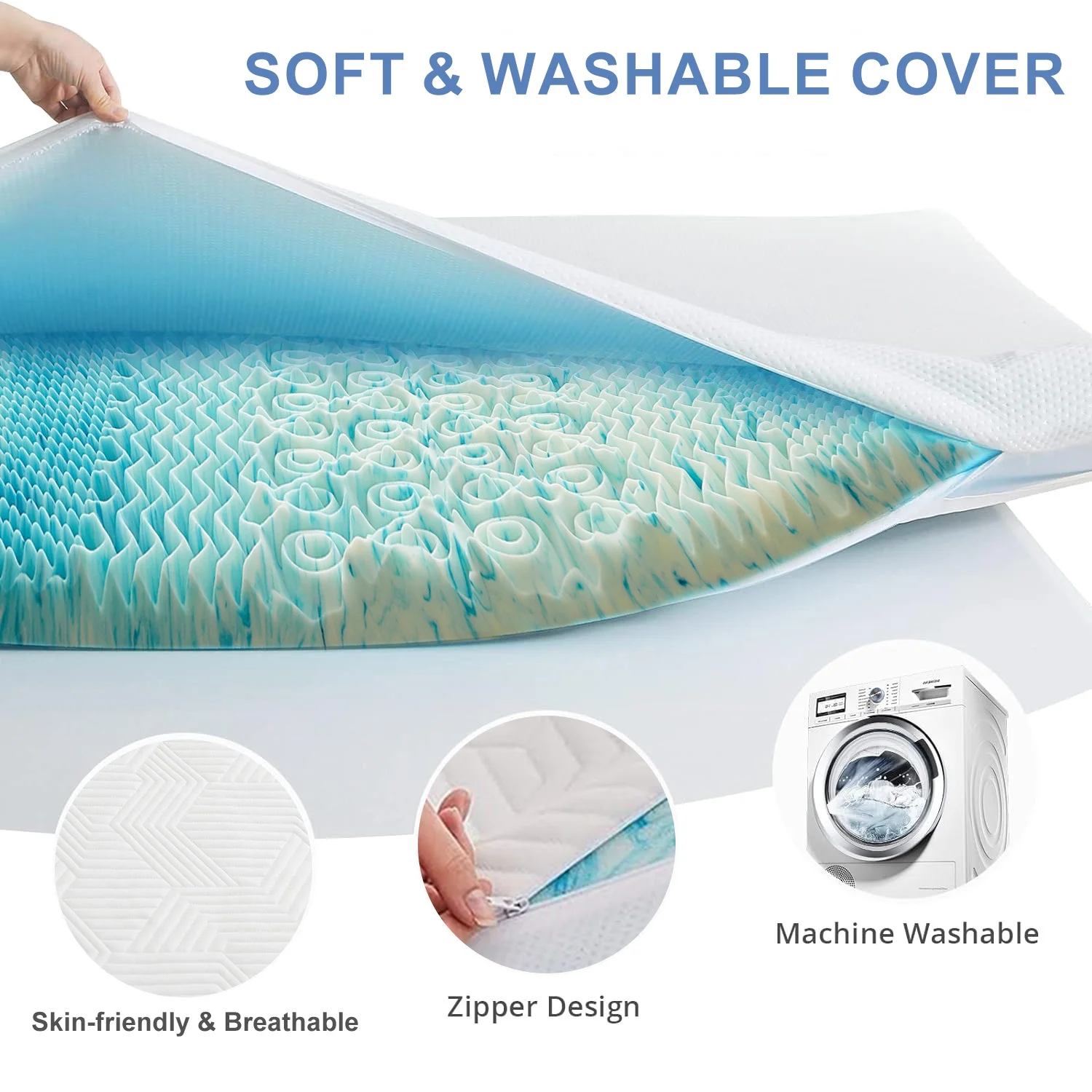 3 inches Queen Size Gel Memory Foam Mattress Topper with Washable Cover,Pressure Relief for Back Pain