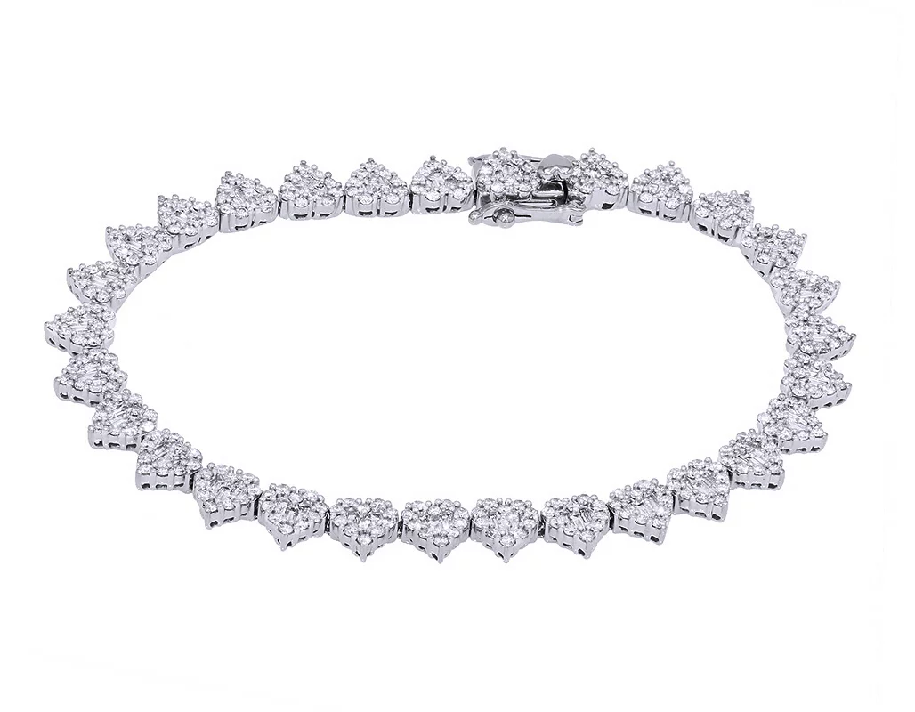 Baguette Diamond Heart Shape Link Tennis Bracelet 3.5CT 14K White Gold 7.25
