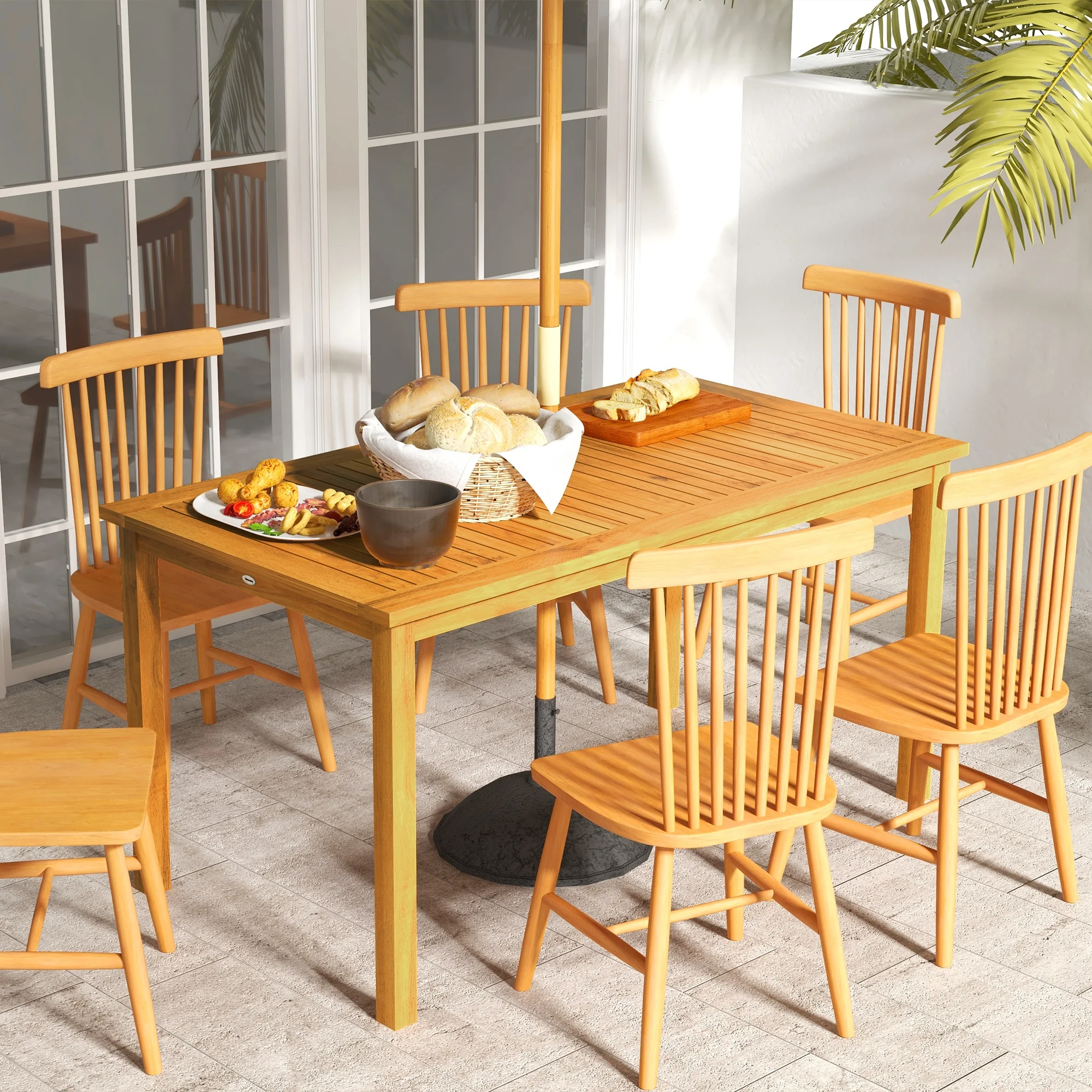 Outsunny Rectangle Patio Table for 6 People, Acacia Wood with Umbrella Hole