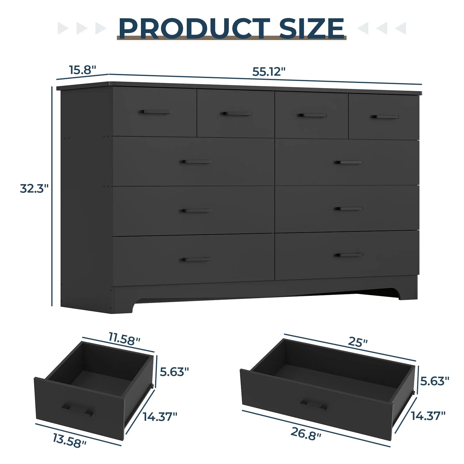 10 Drawers Dresser for Bedroom, Chest of Drawers with Charging Station, Bedroom Storage Organizer, Black