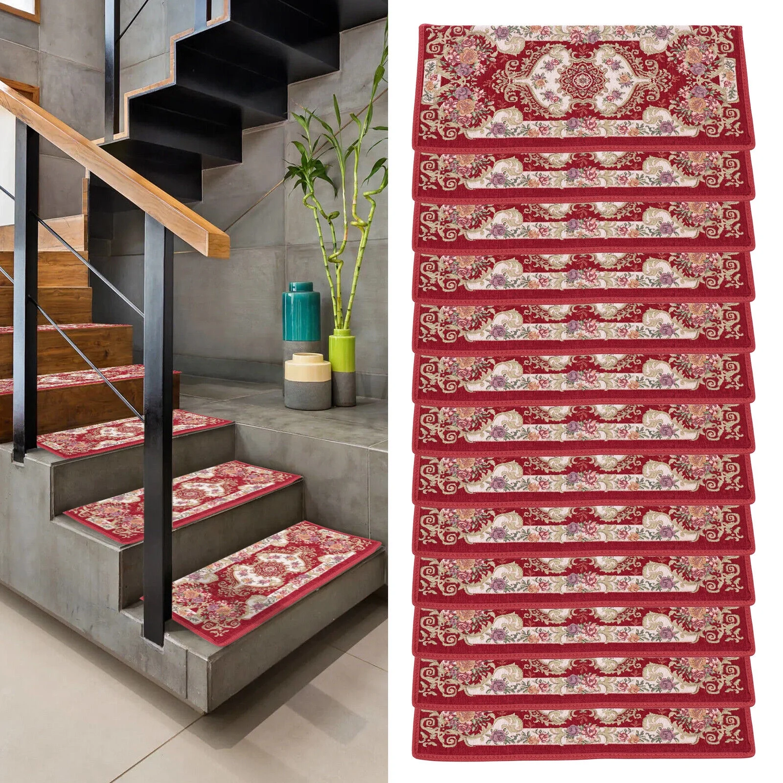 Set of 13 Non-Slip Washable Stair Treads Carpet Mats Polyester Self-Adhesive New