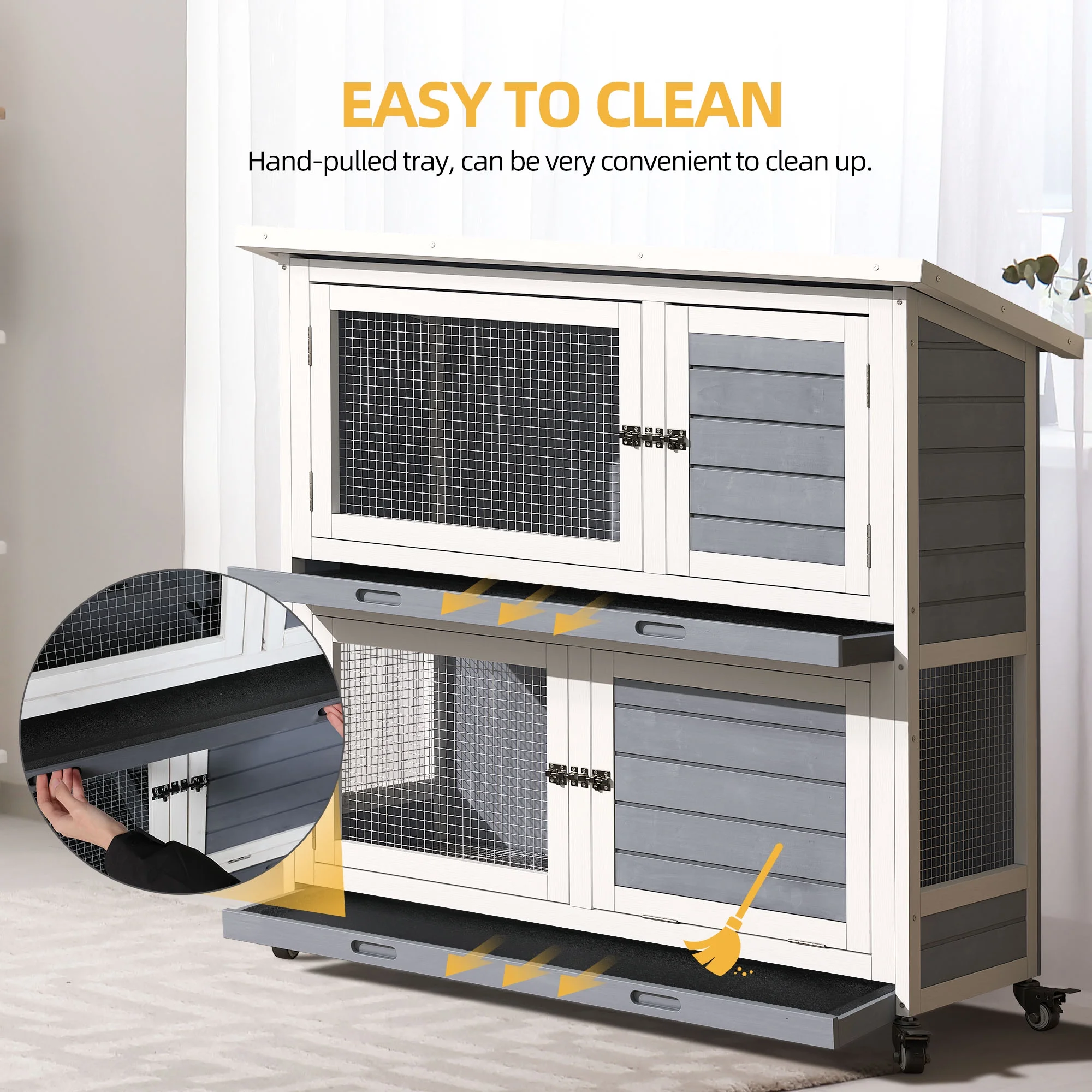 Dextrus Rabbit Hutch Bunny Cage Indoor Outdoor with Removable Tray and Wheels