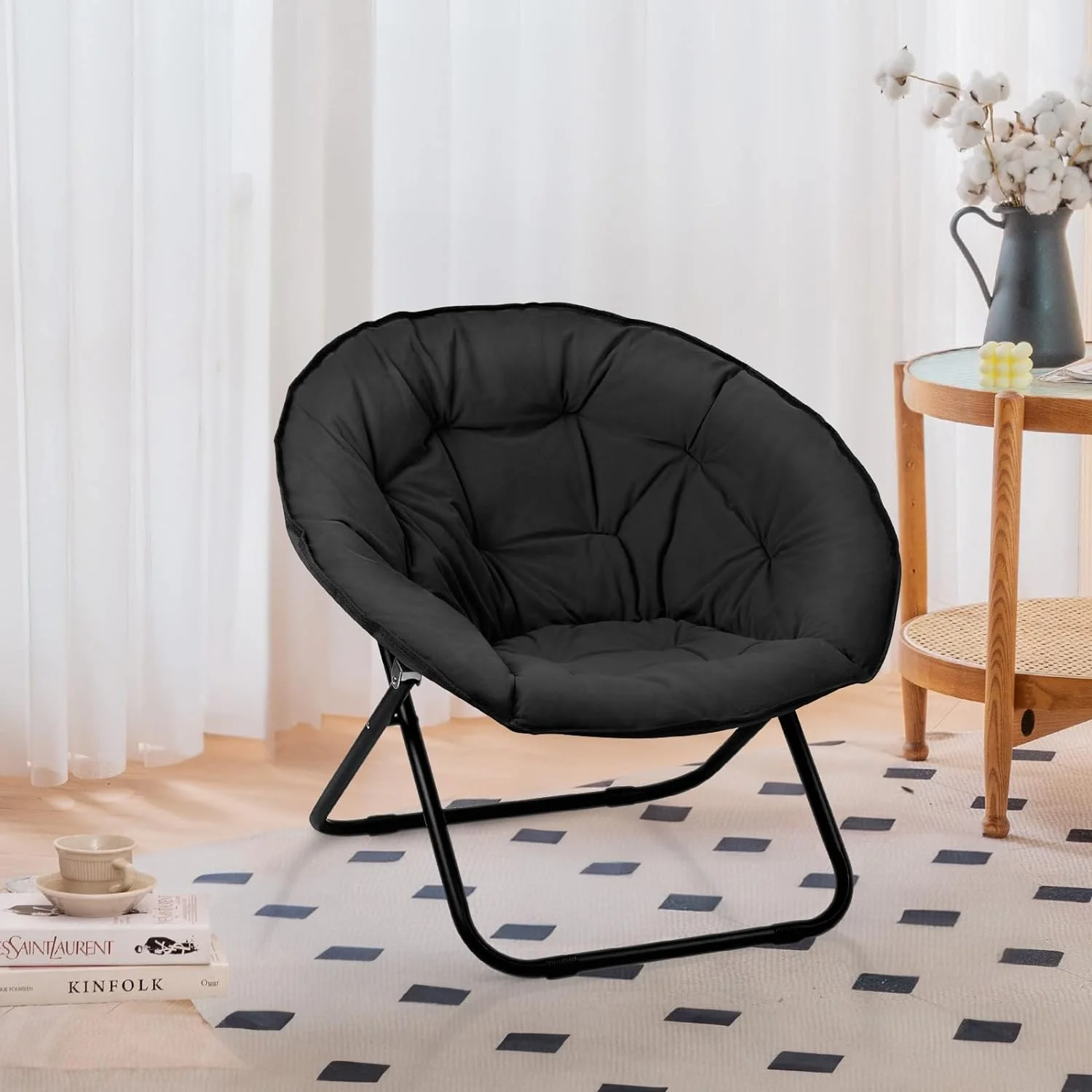 GOJOOASIS Foldable Moon Saucer Chair Comfy Cozy Round Saucer Chair Faux Fur for Bedroom Dorm