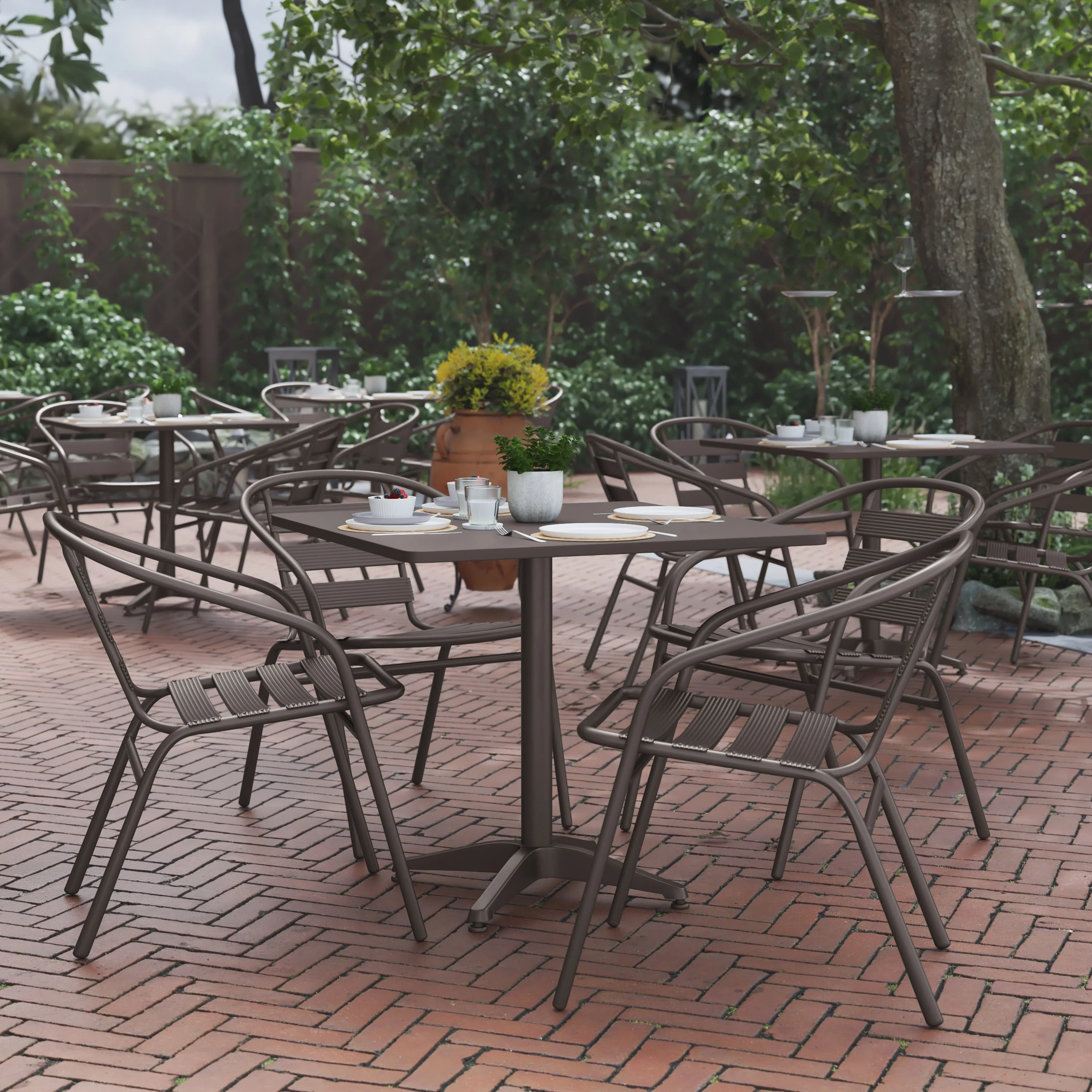 BizChair 31.5'' Bronze Square Aluminum Indoor-Outdoor Table Set with 4 Bronze Slat Back Chairs