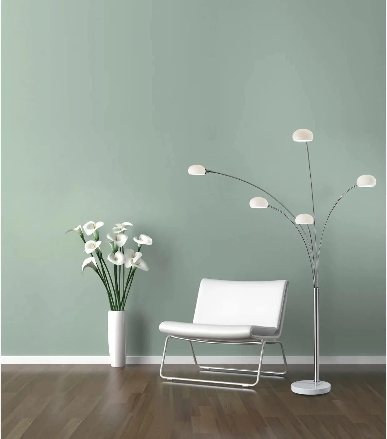 GOURE 3346-22 Luna Arc Lamp, 86 in, 5 x 40W Candelabra, Brushed Steel, 1 Floor Lamp , White