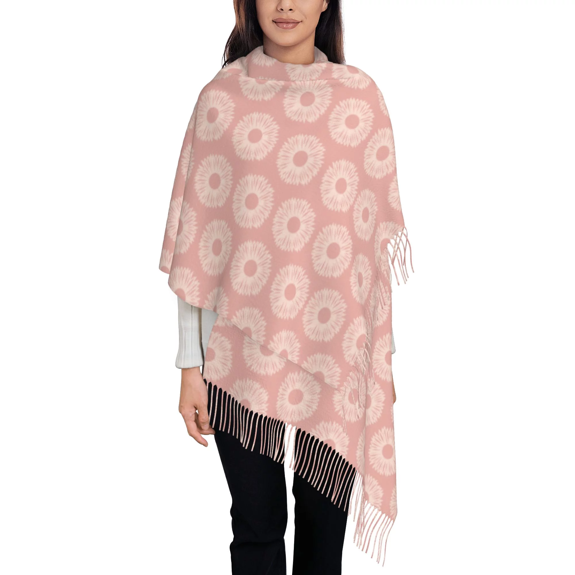 Women's Fashion Tassel Scarf, Pink Daisies Pattern Long Shawl, Lightweight and Warm