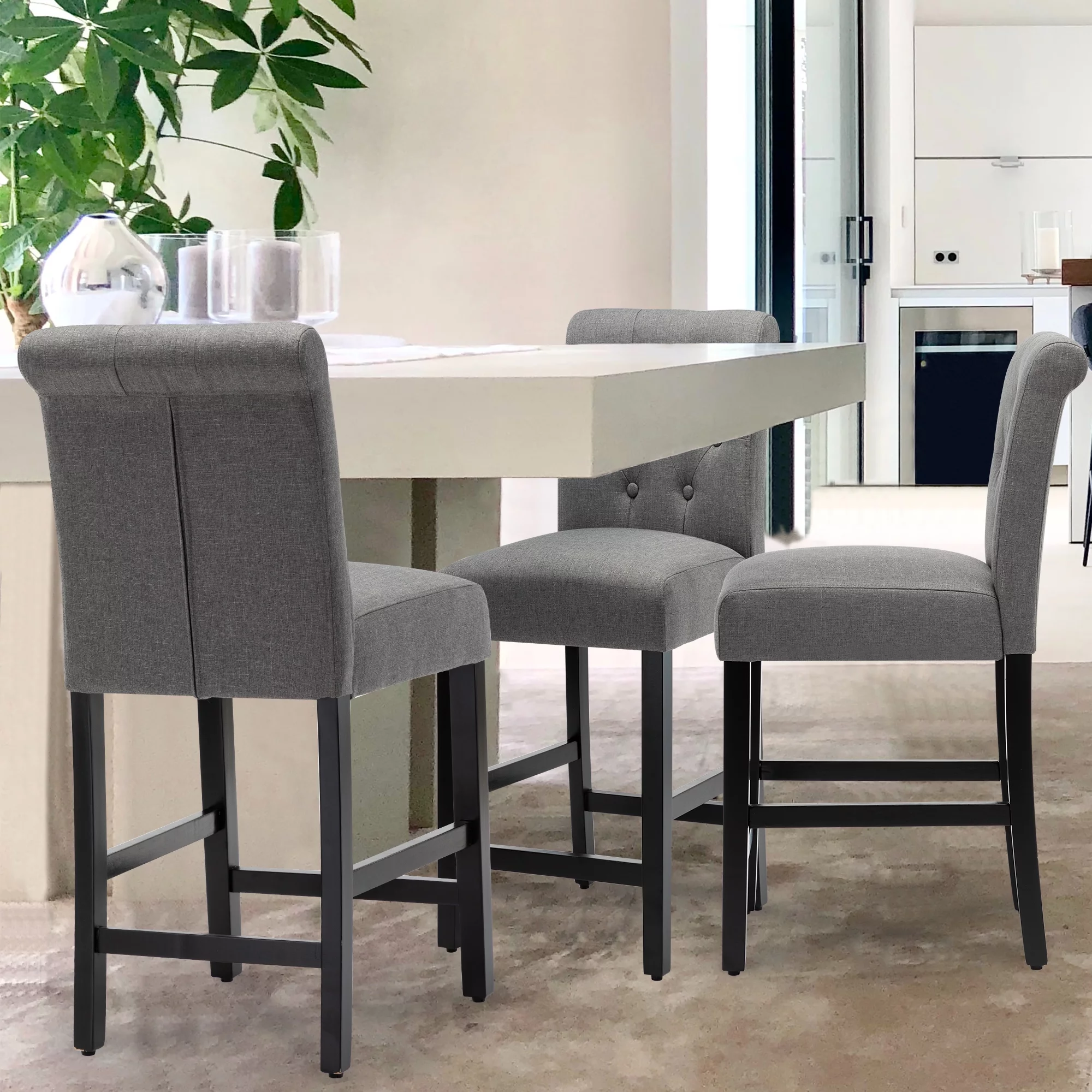 Modern Counter Height Button Tufted Fabric Upholstered Bar Stools, Gray, Set of 2