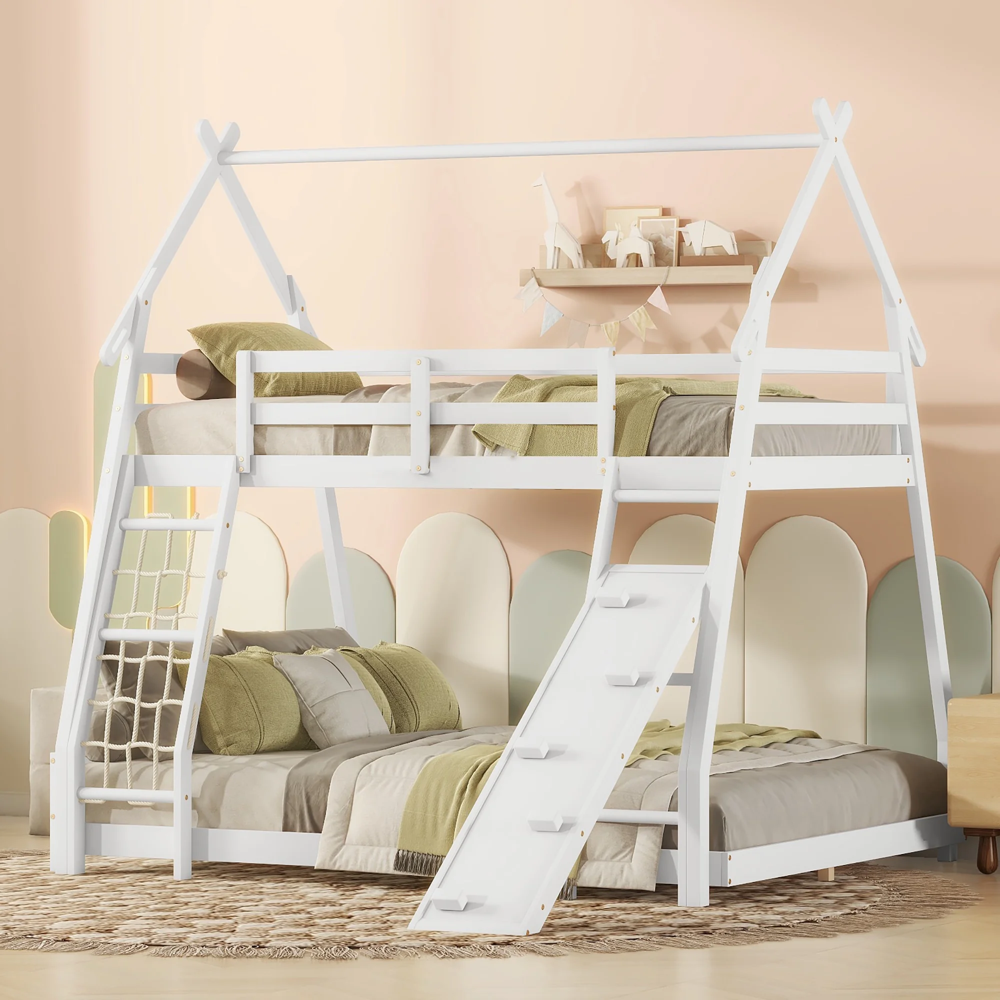Euroco Twin over Queen Bunk Bed with Climbing Nets and Ramp for Kids Bedroom, White