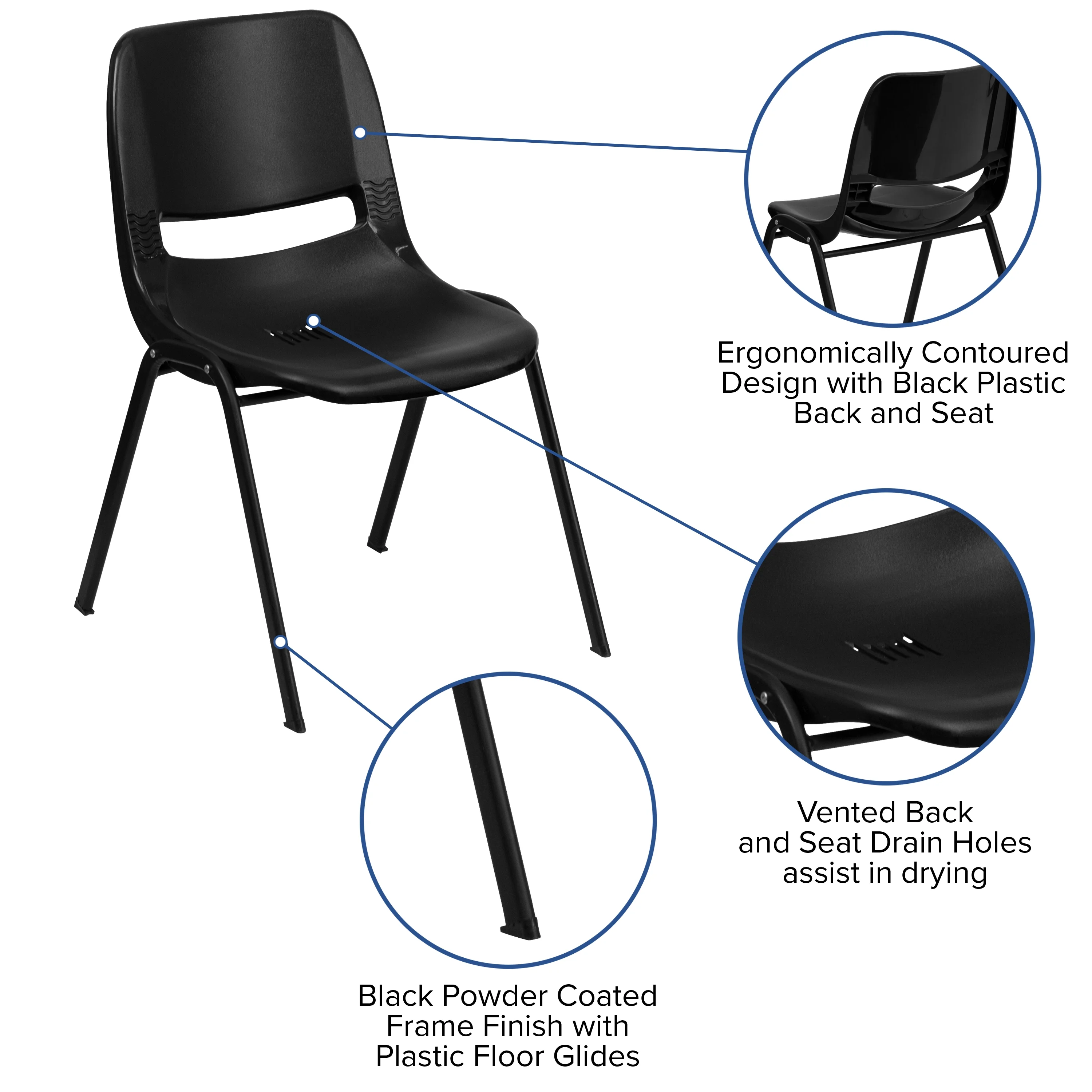 Emma + Oliver Kid's Black Ergonomic Shell Stack Chair - Black Frame and 12