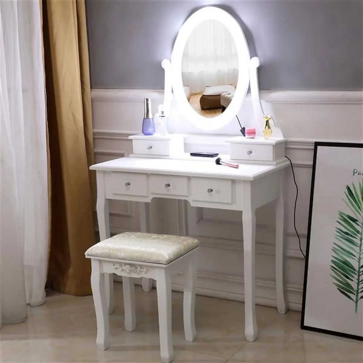 SYTHERS White Vanity Set Dressing Table with Removed LED Mirror and Cushion Stool and 5 Drawers for Adult Girls