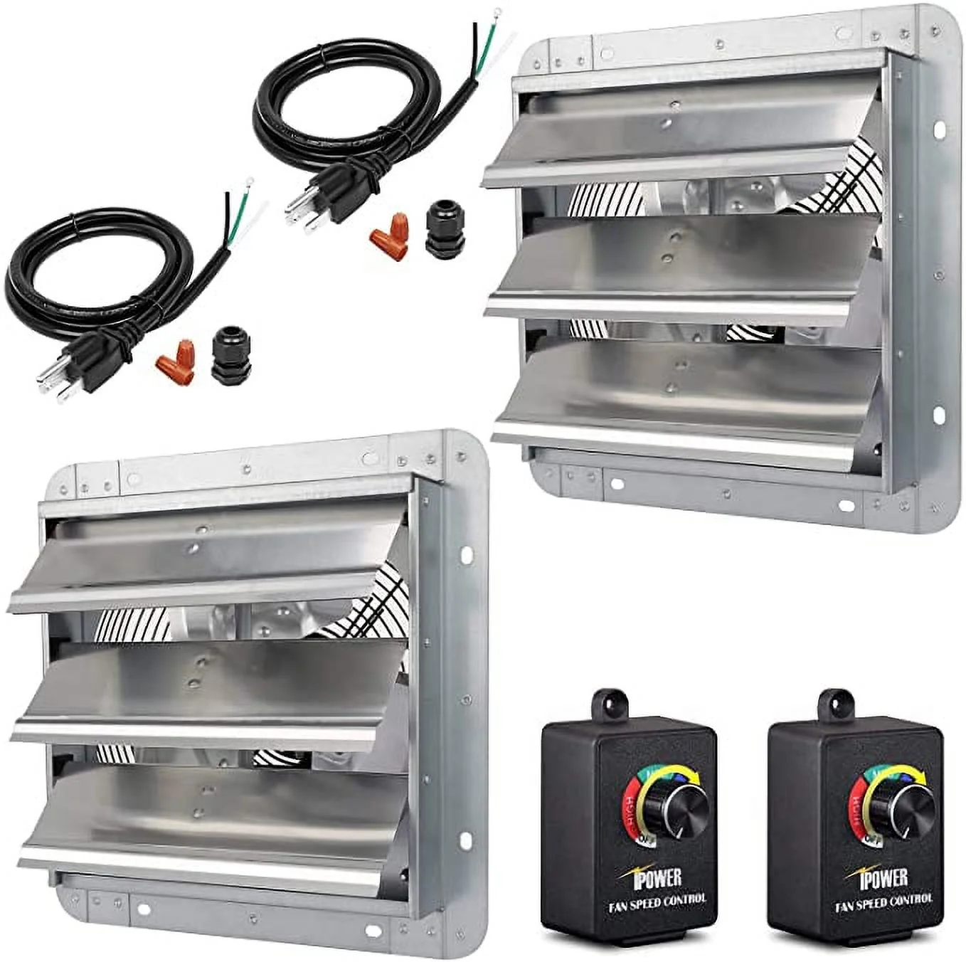 iPower 10 Inch Shutter Exhaust Fan Aluminum Controller and Power Cord Kit,High Speed 1650RPM, 820CFM, 2-Pack, Silver, With Speed Control