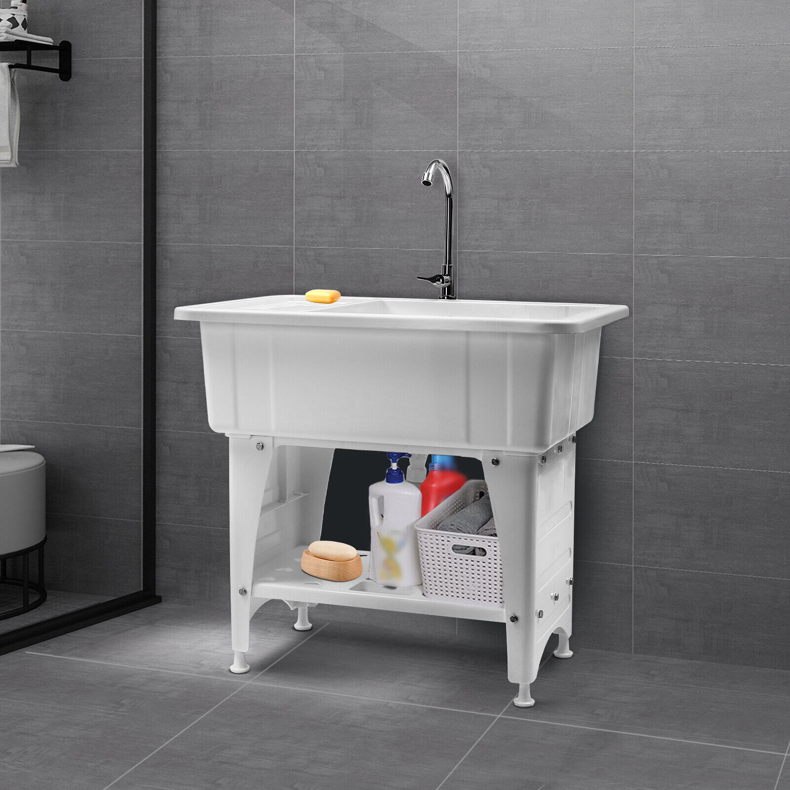 White Utility Sink Laundry Tub Freestanding Sink Wash Station w/ Faucet Home