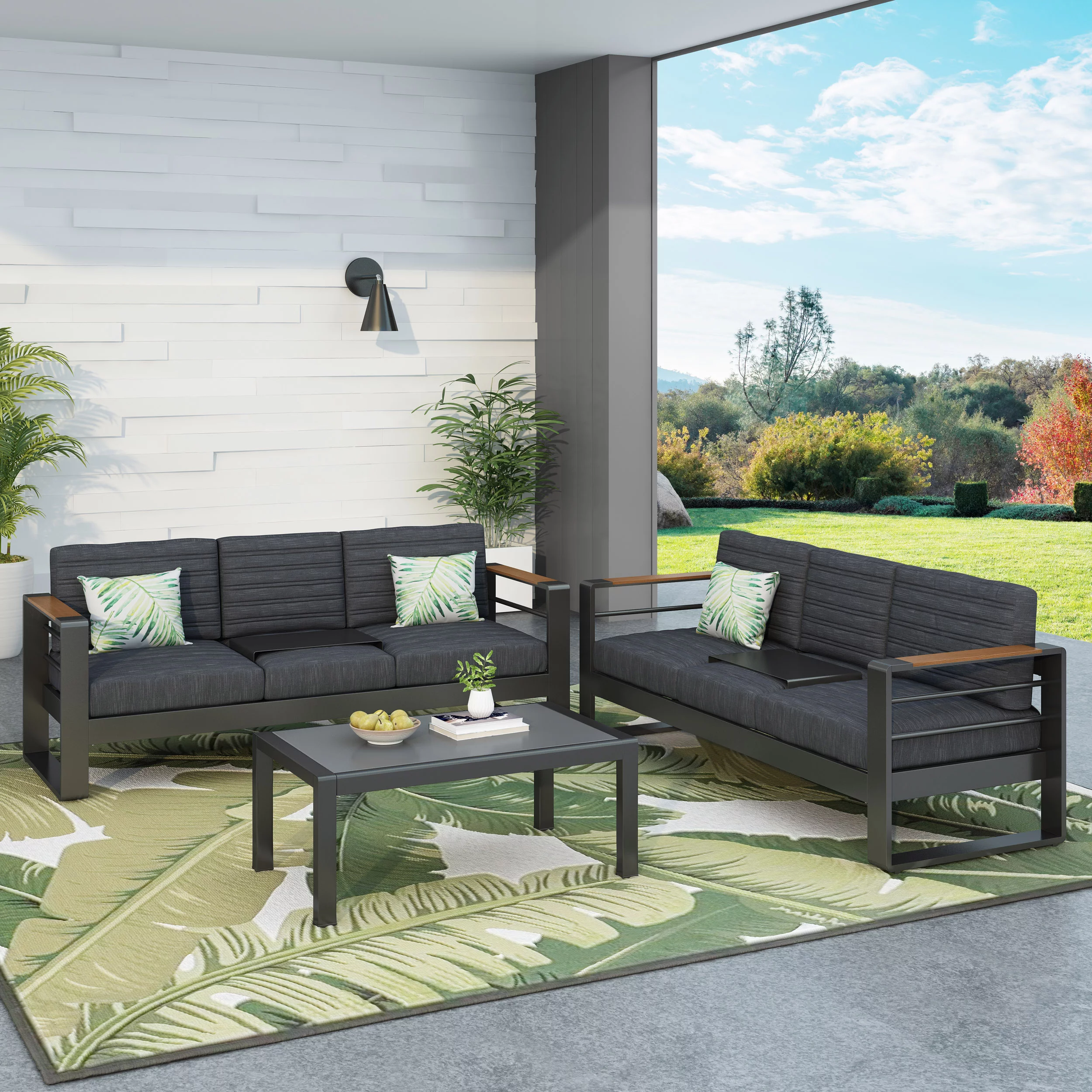 GDF Studio Neffs Outdoor Aluminum and Glass 6 Seater Sofa Chat Set with Cushions, Black, Natural, and Dark Gray