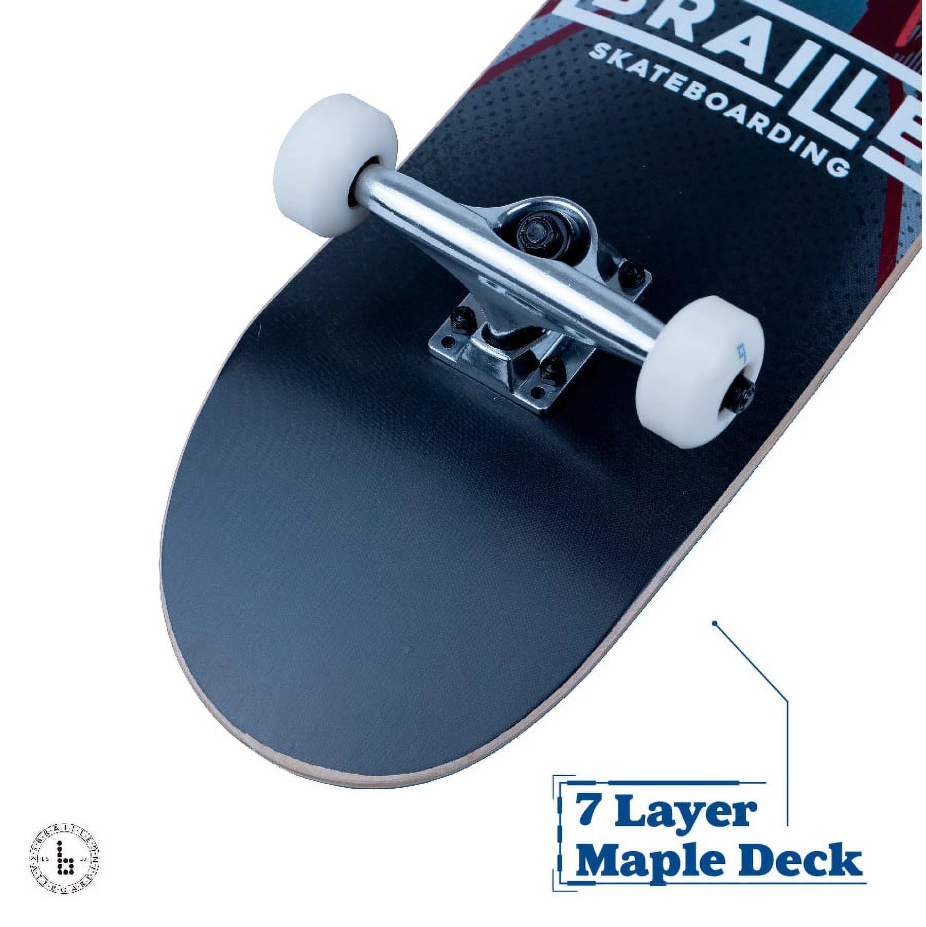 Braille Skateboarding - Bridge Red & Grey, 31” x 7.75” Complete Skateboard, with 7-Ply Maple Deck and Abec-7 bearings