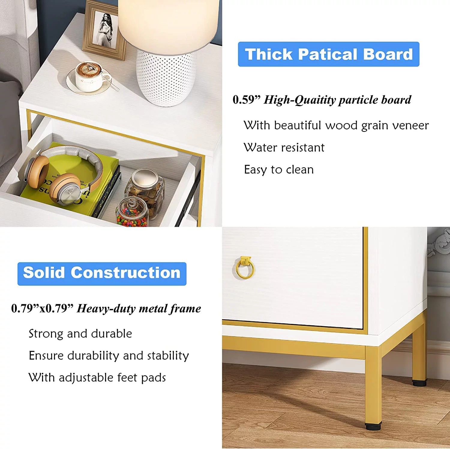 Tribesigns Nightstand with 2 Drawers, White &Gold End Table with Storage, Tall Night Stands Bedside Table for bedrooms, Modern Wood Bedside Furniture with Metal Frame for Bedroom, Living Room