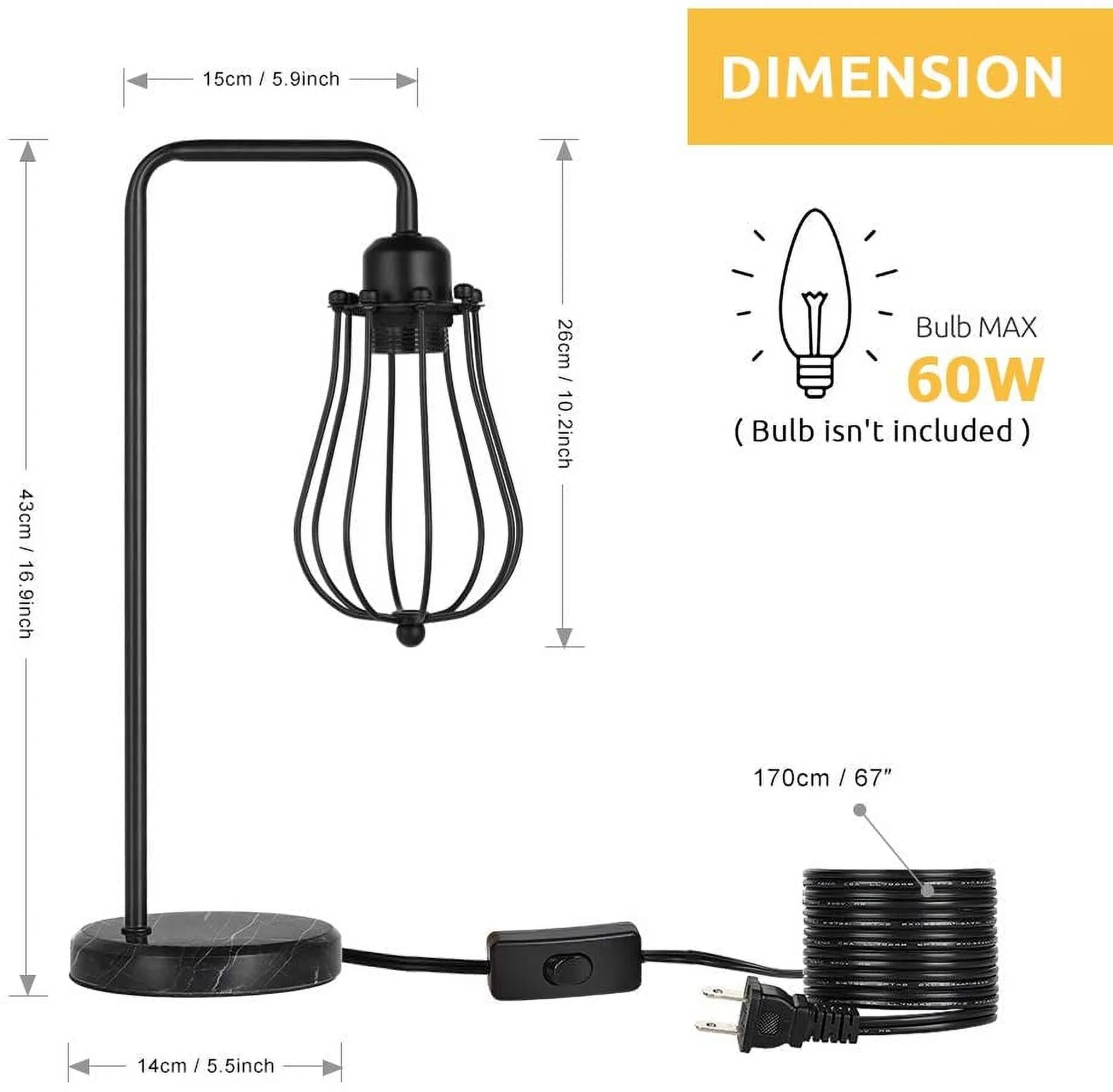 Modern Table Lamp, Industrial Nightstand Lamp with Marble Base Black Lamp