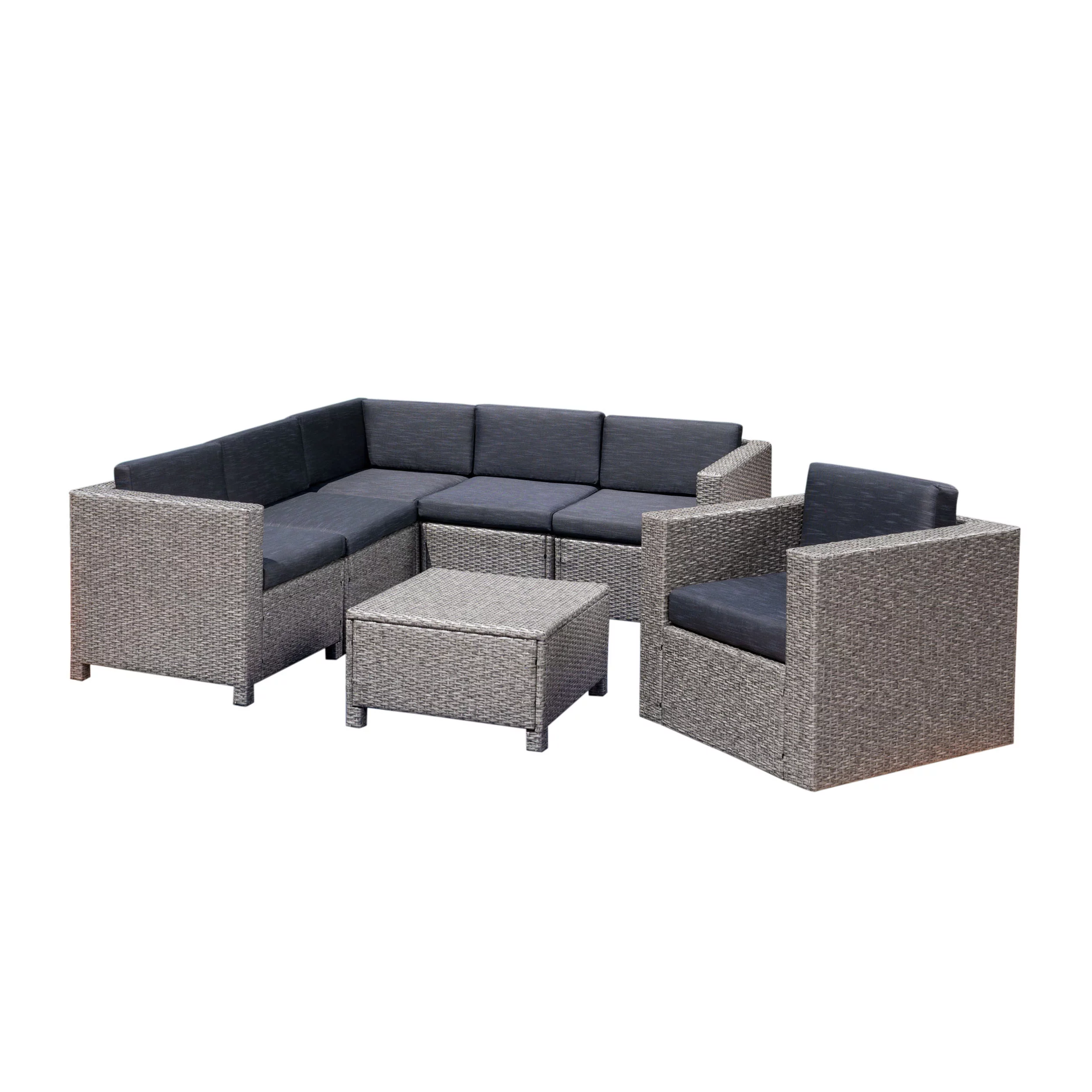 GDF Studio Venice Outdoor Wicker 6 Seater Sectional Sofa Set, Mixed Black and Dark Gray