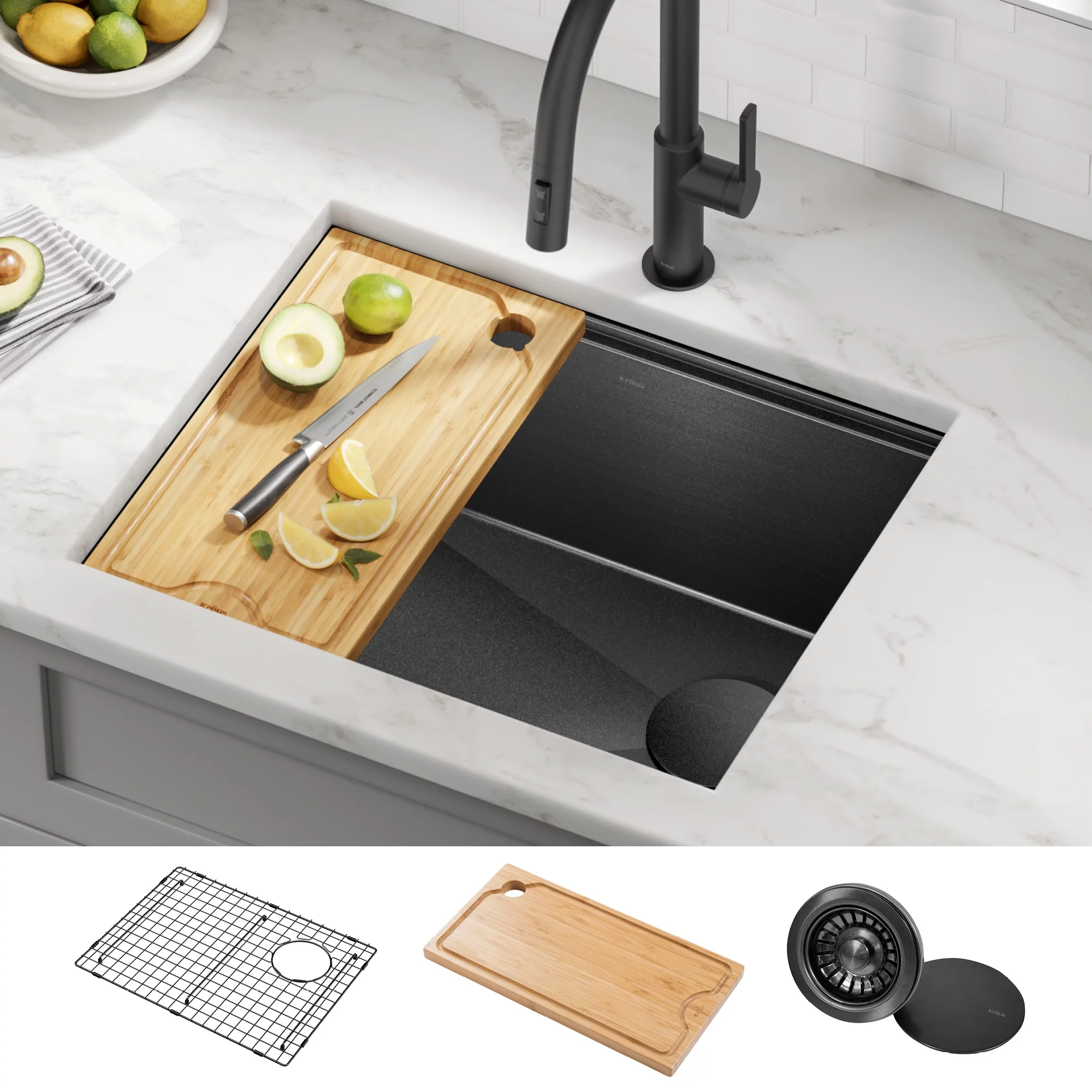 KRAUS Kore 23 Undermount Workstation 16 Gauge Black Stainless Steel Single Bowl Kitchen Sink in PVD Gunmetal Finish with Accessories