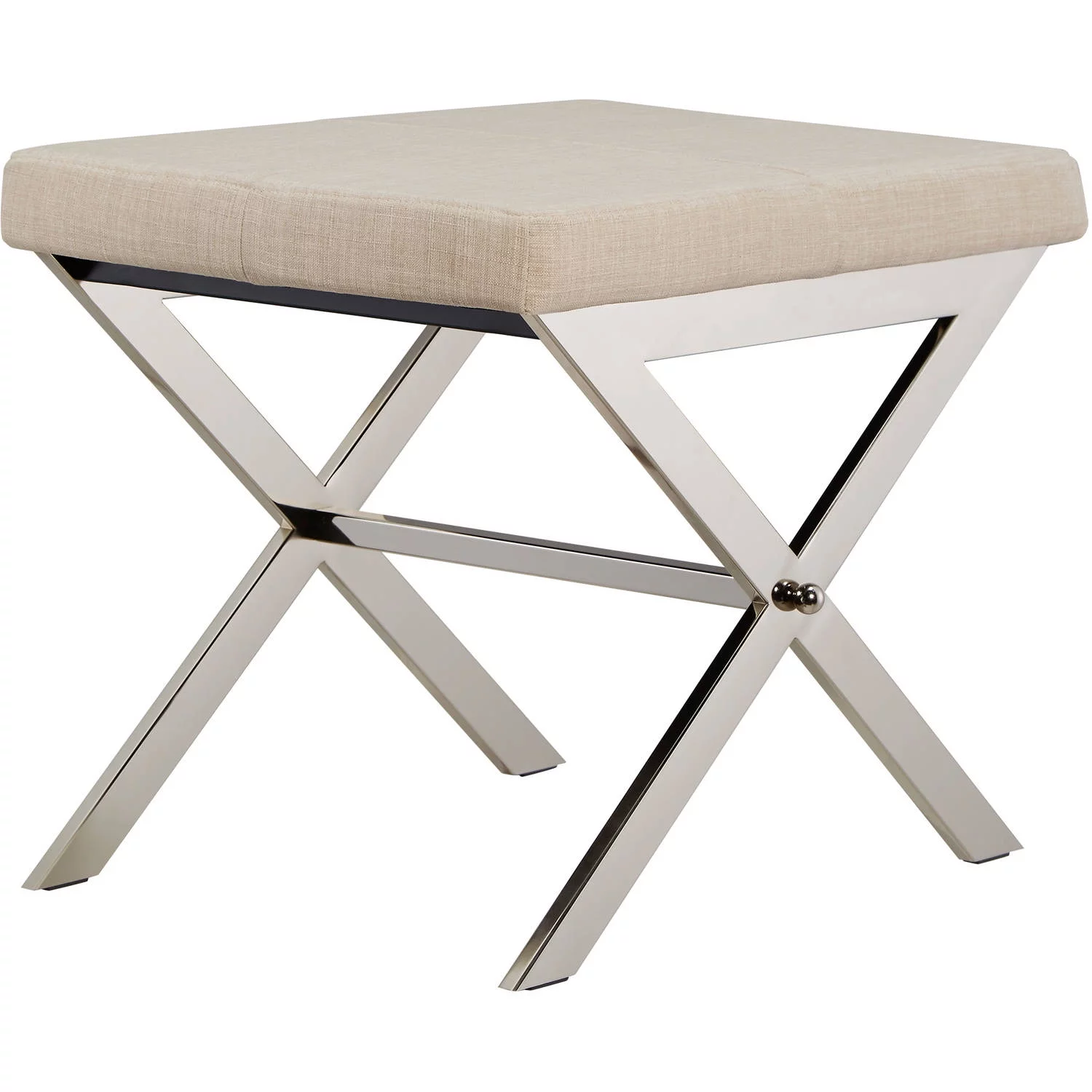 Chelsea Lane Small Chrome X-Base Upholstered Ottoman Vanity Stool, Beige