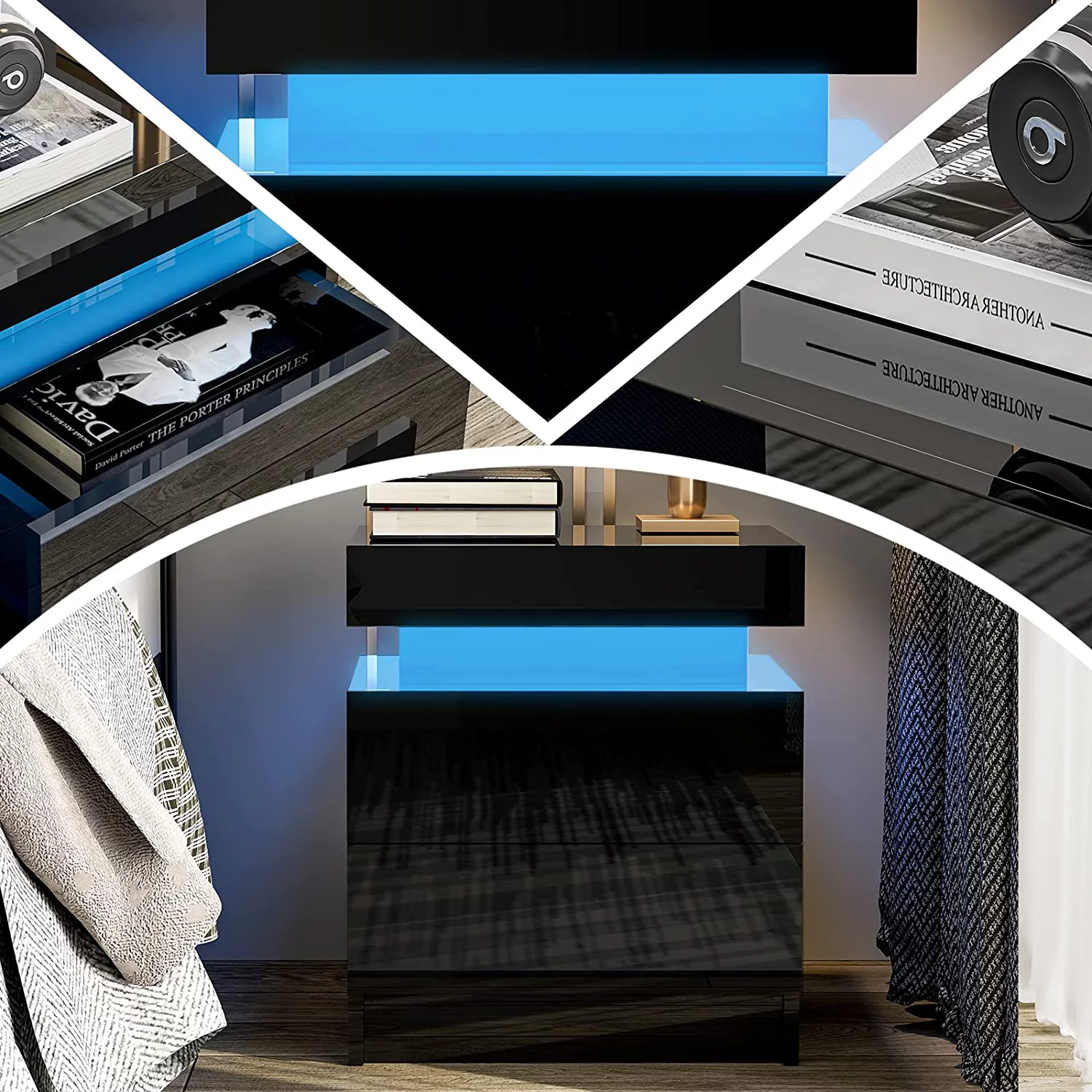 IKIFLY Black Modern LED Nightstand with 2 Drawers/High Gloss Bedside Tables with Changing LED Lights/End Side Table for Bedroom Living Room Furniture - Black