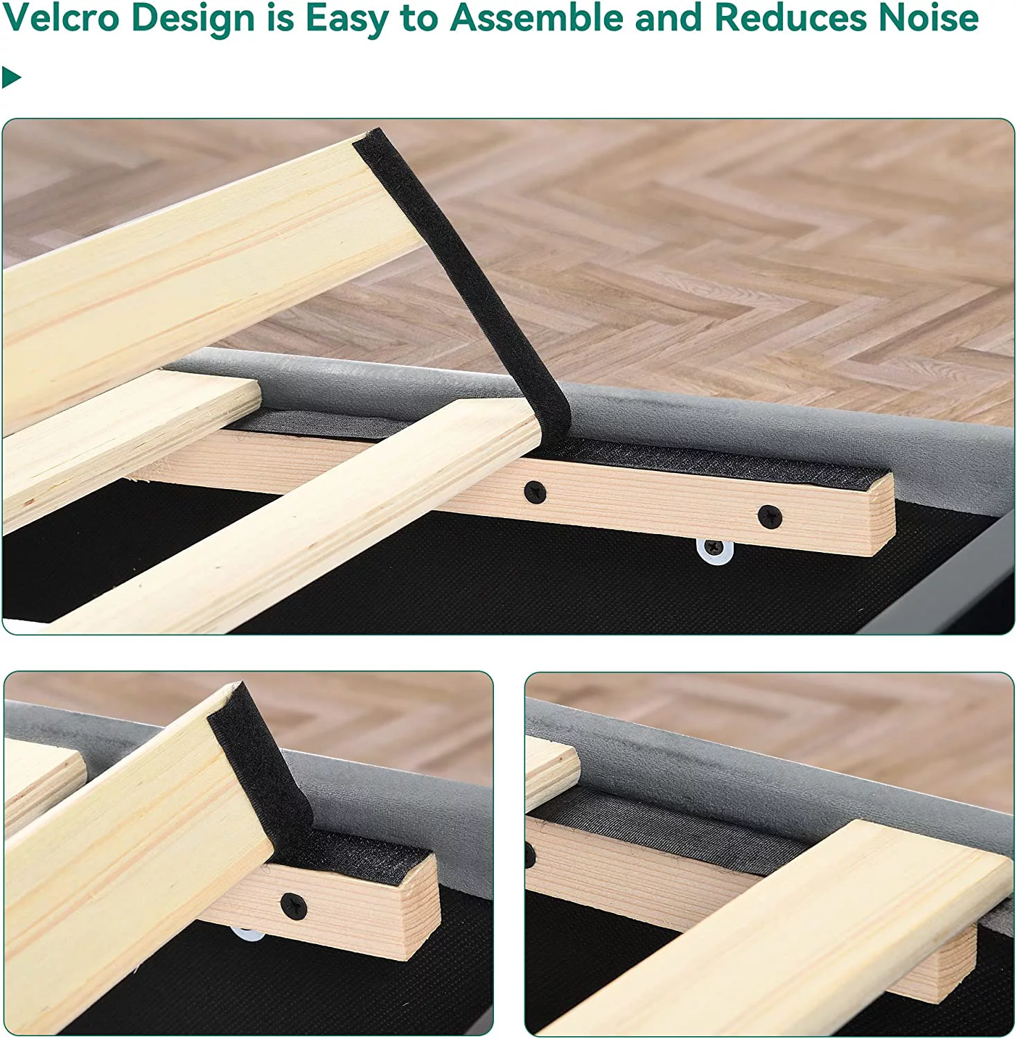 Dextrus Upholstered Bed Frame, Platform Bed Base with Grey Velvet Square Tufted Headboard, Strong Wood Slats Support Queen Size Mattress Foundation, No Box Spring Needed, Grey