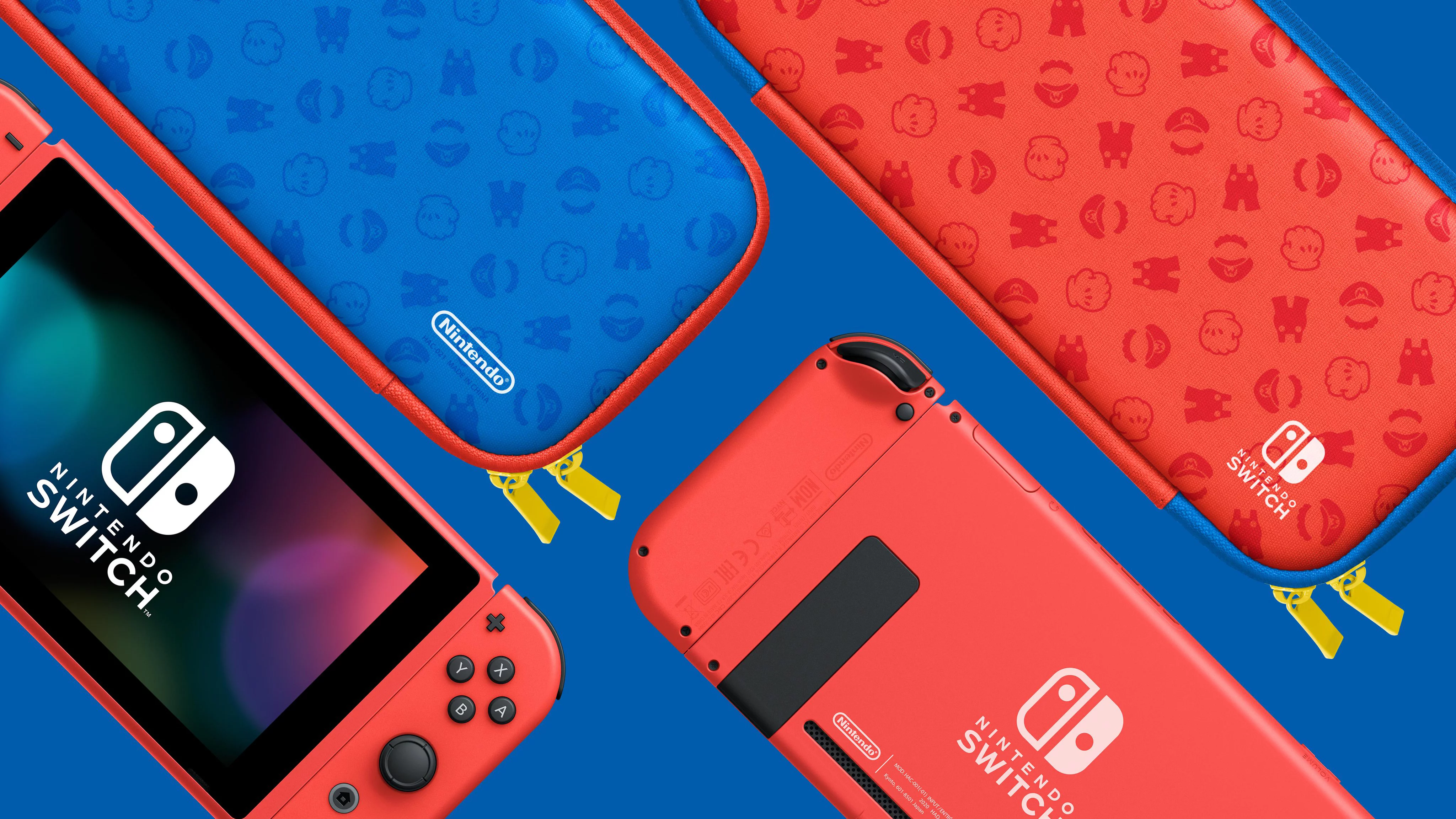 2021 New Nintendo Switch Mario Red & Blue Limited Edition with Mario Iconography Carrying Case and Screen Protector Bundle With Kirby Star Allies And Mytrix Accessories