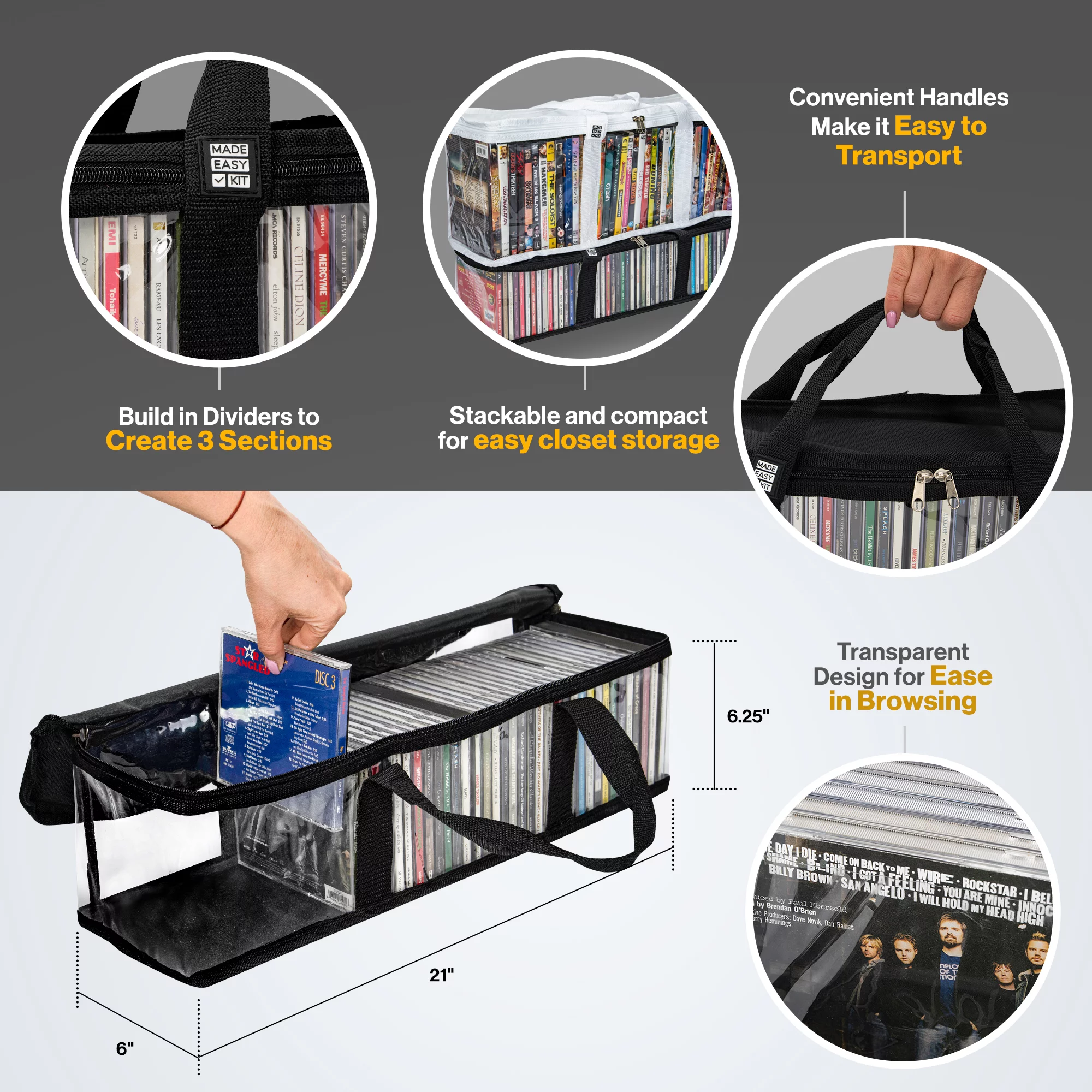 Made Easy Kit CD Media Storage Bag Case - Clear See Though PVC Organizer With Triple-Stitched Handles and Dividers - Stackable, Space-Saving, Fits 50 CDs (Black, 2 Bags)