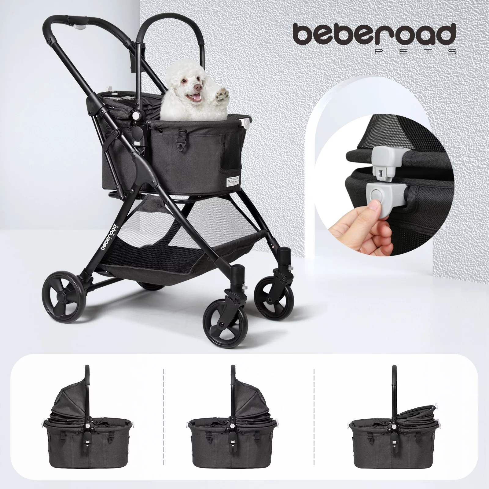 Beberoad Pets Pet Stroller for Small Dogs & Cats, with Removable Basket & Foldable Cart Frame, Inner Space Size 18.9