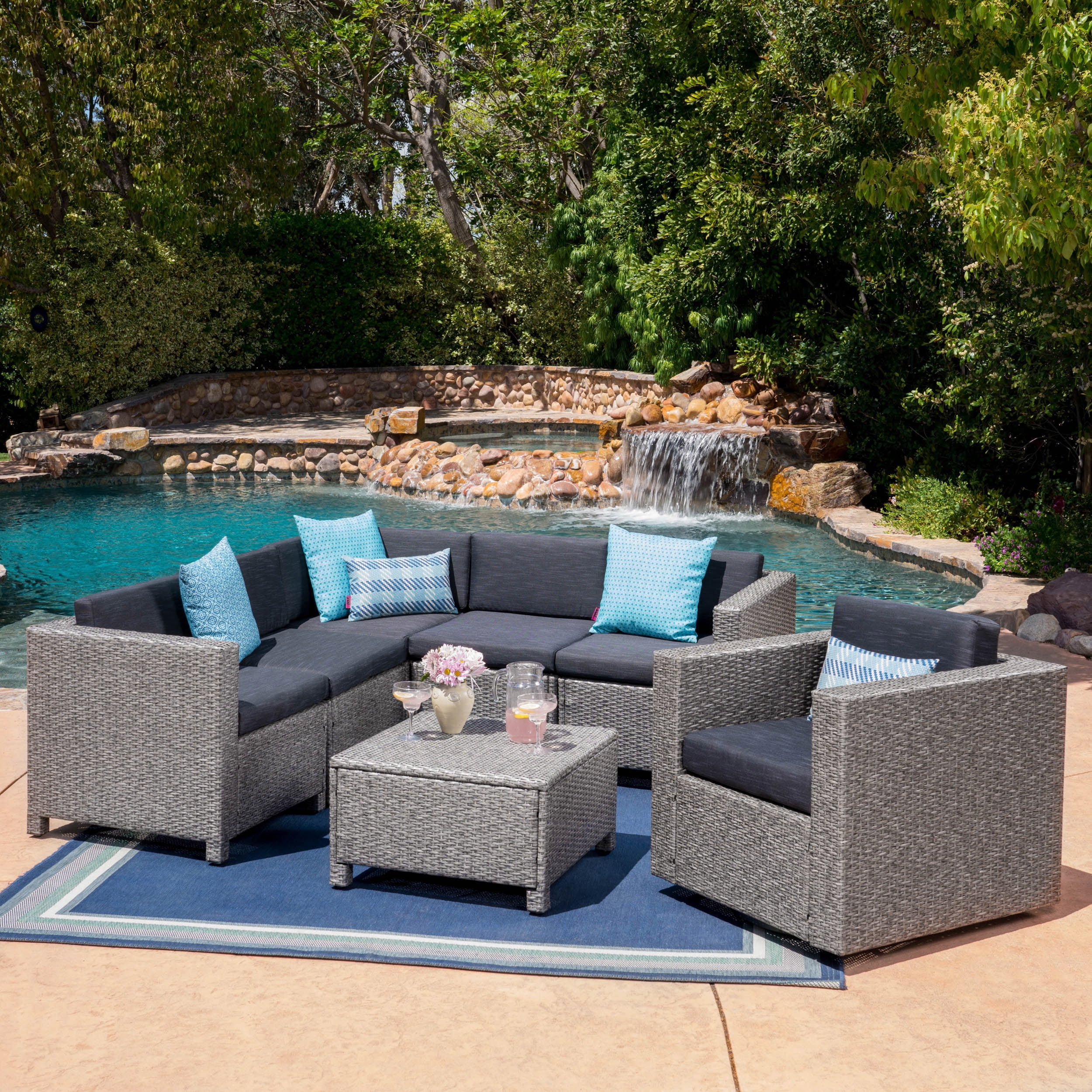 GDF Studio Venice Outdoor Wicker 6 Seater Sectional Sofa Set, Mixed Black and Dark Gray
