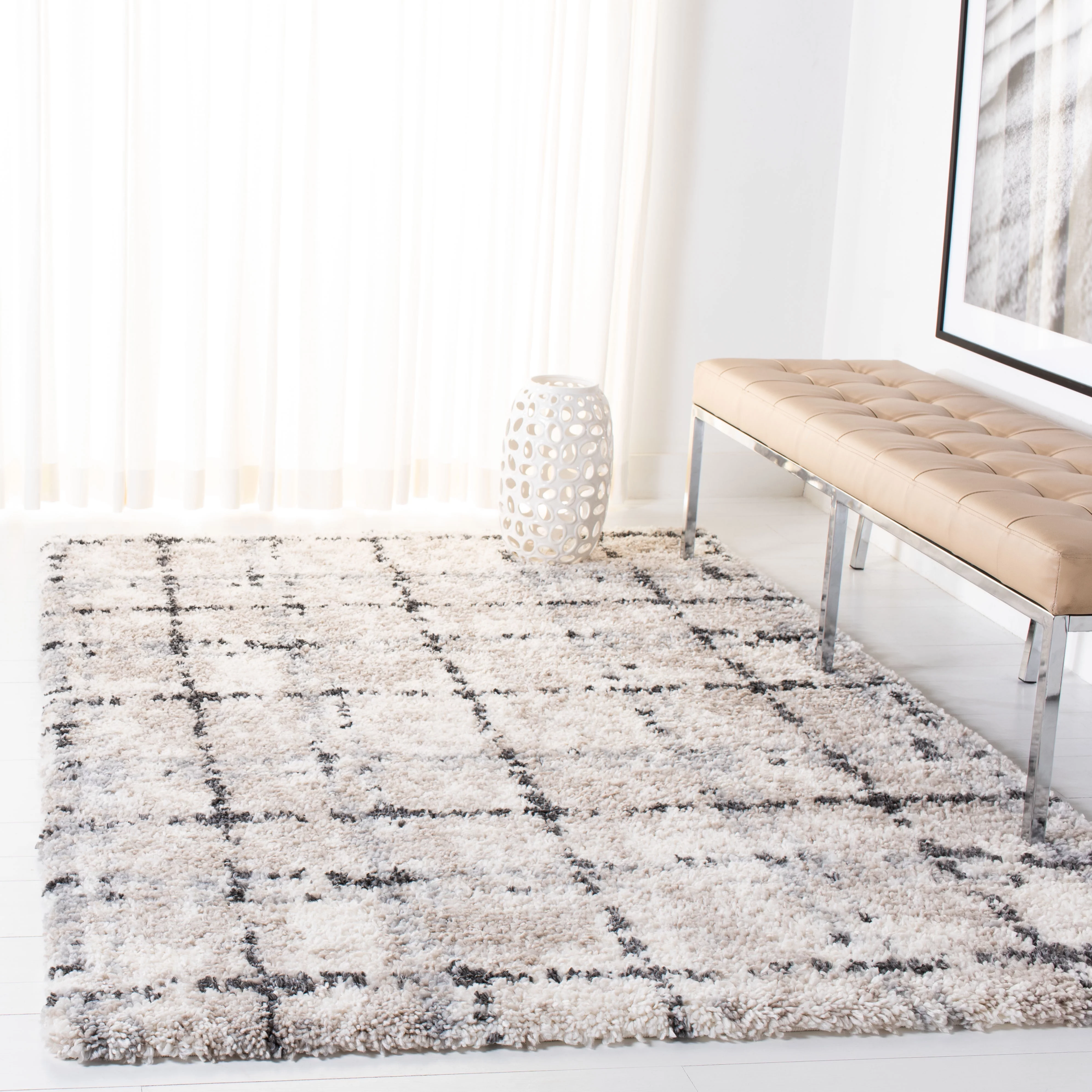 SAFAVIEH Fontana Shag Daria Geometric Plush Area Rug, Grey/Ivory, 9' x 12'